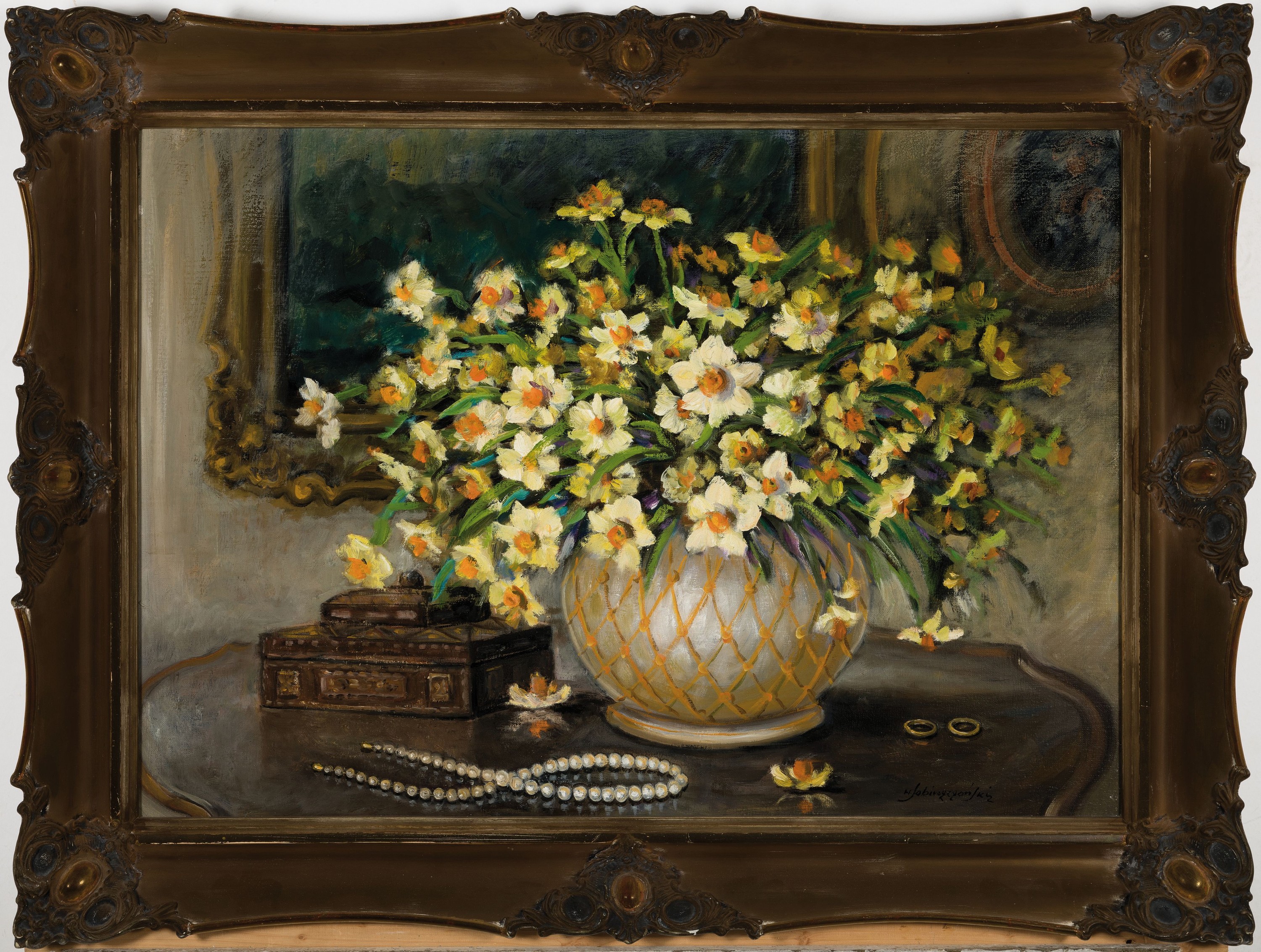 Detail k: Sobioszczanski, zeitgen. polnischer Traditionalist, Blumenstillleben mit Narzissen, Kästchen, Perlen und Ringen, Öl/Lwd, rückseitig betitelt, ...