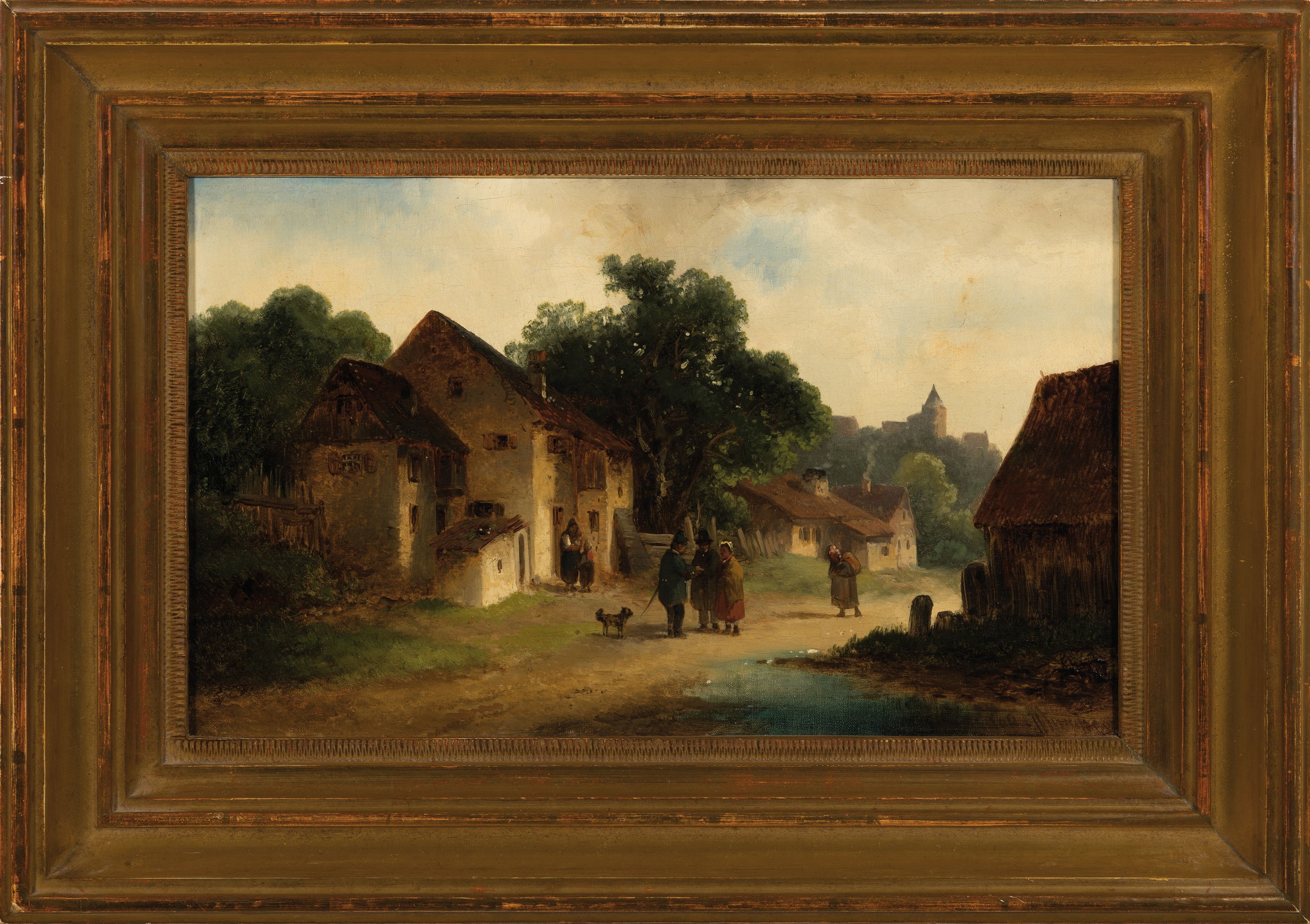 Detail k: Zuschreibung: Anton Doll, 1826-1884 München, Münchener Schule, sommerliche Dorflandschaft, Anlage des Hofes im Verweis auf Heinrich Bürkel, rechts ...