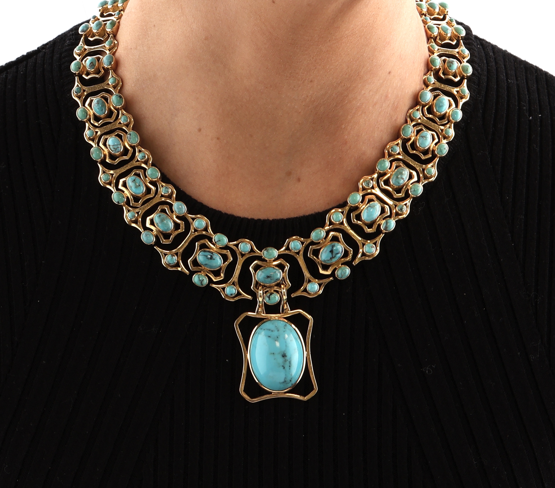 Detail c: Ausgefallenes 18 kt Gold Türkis-Schmuckset, GG 750/000, best. aus: Collier mit abnehmbaren Mittelteil, Armband, Ring und Paar Ohrstecker, geometr. ...