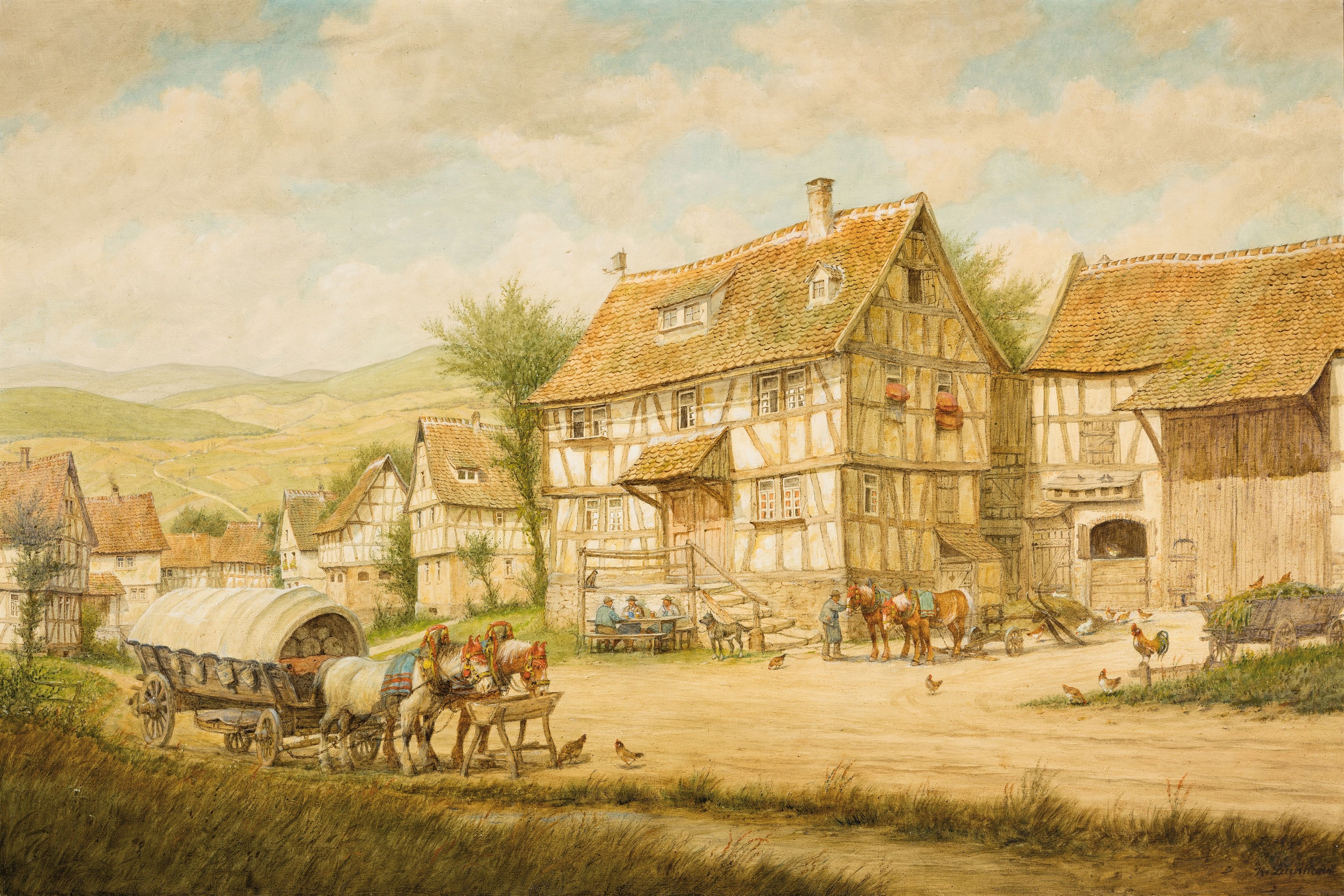 Karl Luckhardt, 1886-1970 Frankfurt am Main,Blick in ein Dorf mit Fachwerkhäusern und arbeitenden Personen, Öl/Lwd, rechts unten signiert, ca. ...