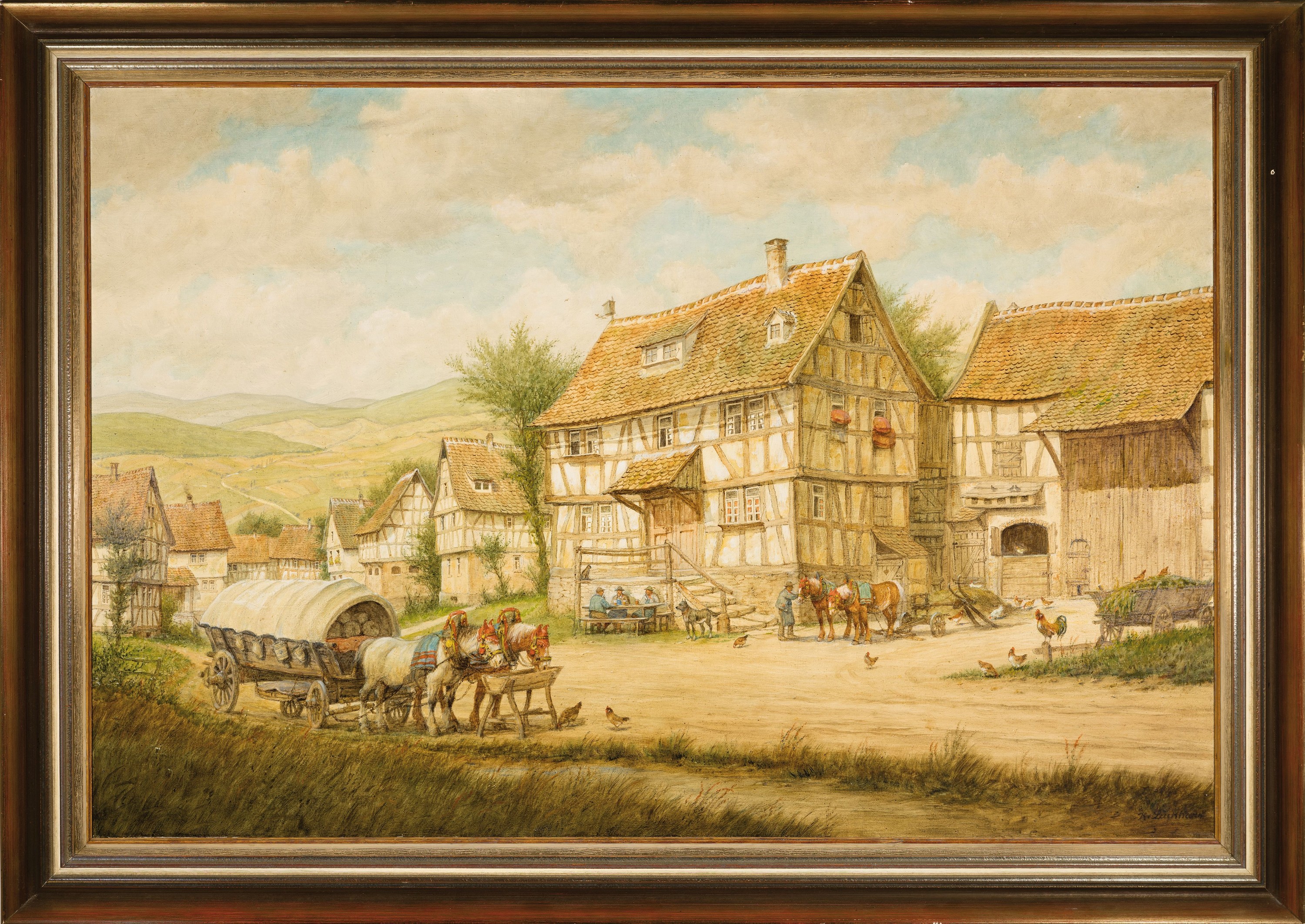 Detail k: Karl Luckhardt, 1886-1970 Frankfurt am Main,Blick in ein Dorf mit Fachwerkhäusern und arbeitenden Personen, Öl/Lwd, rechts unten signiert, ca. ...