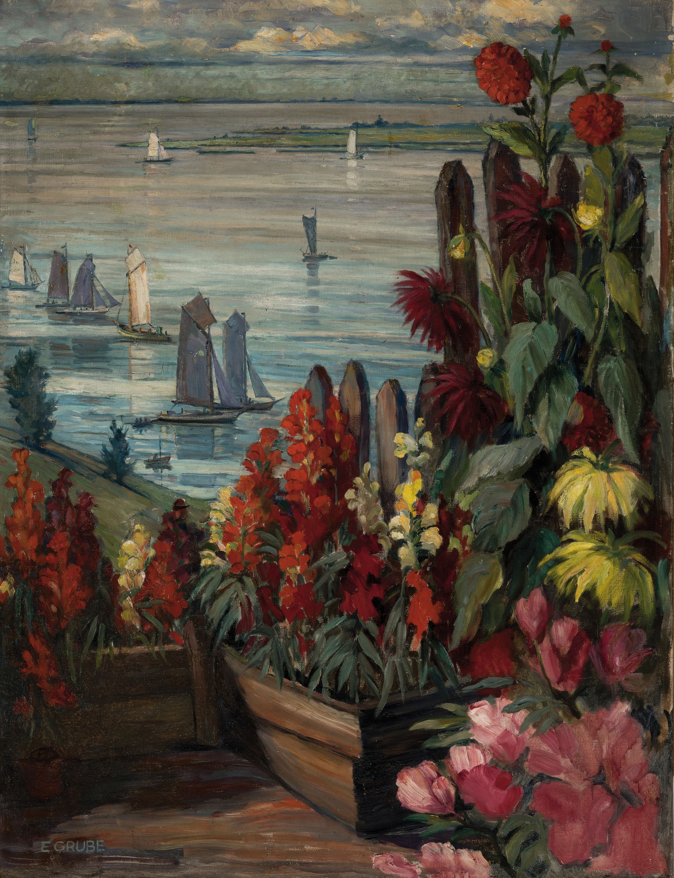 Erich Grube, 1890-1952, Berlin, Küstenlandschaft mit üppigen Blumen und Segelbooten, Öl/Lwd, links unten sign., ca. 115x88cm