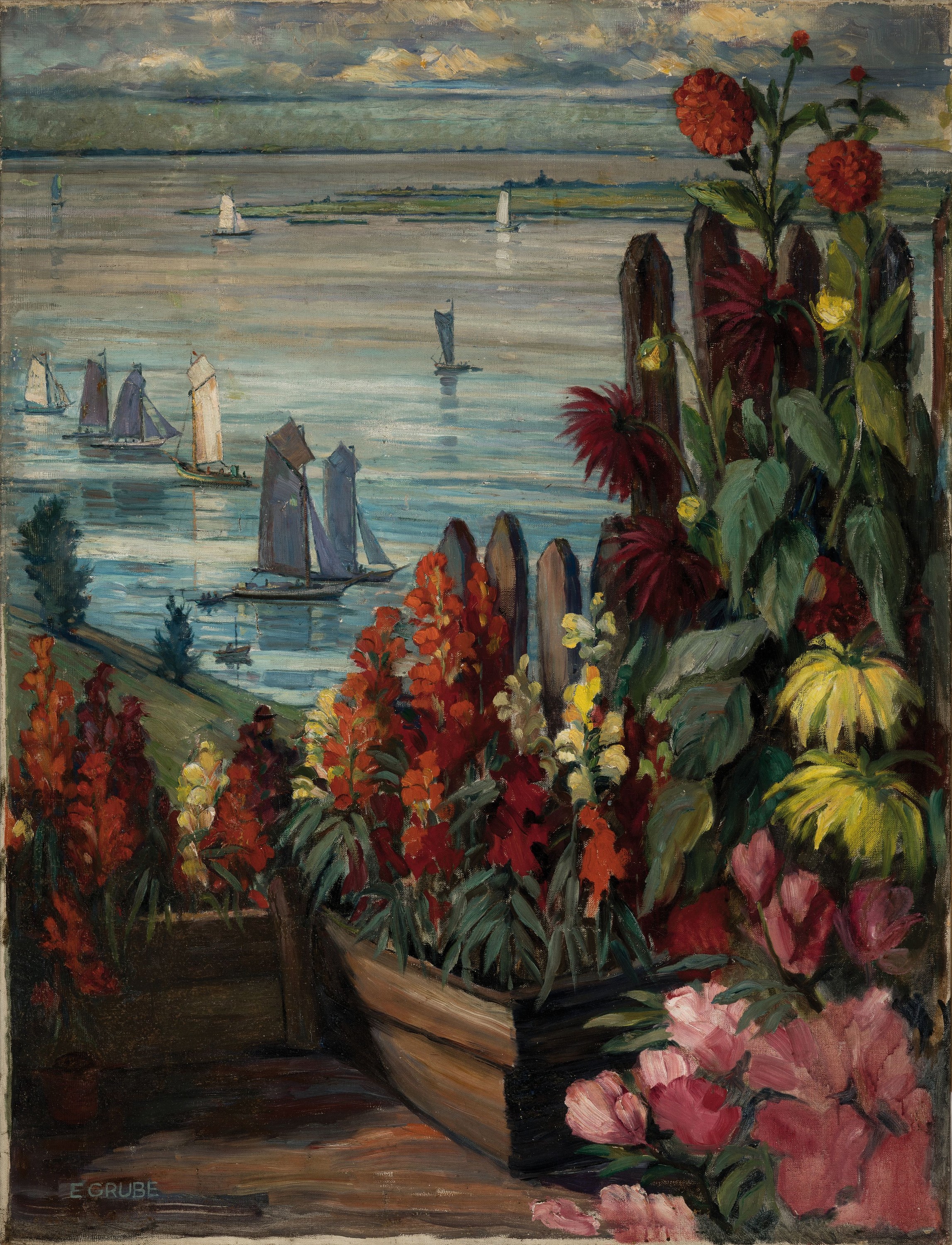 Detail k: Erich Grube, 1890-1952, Berlin, Küstenlandschaft mit üppigen Blumen und Segelbooten, Öl/Lwd, links unten sign., ca. 115x88cm