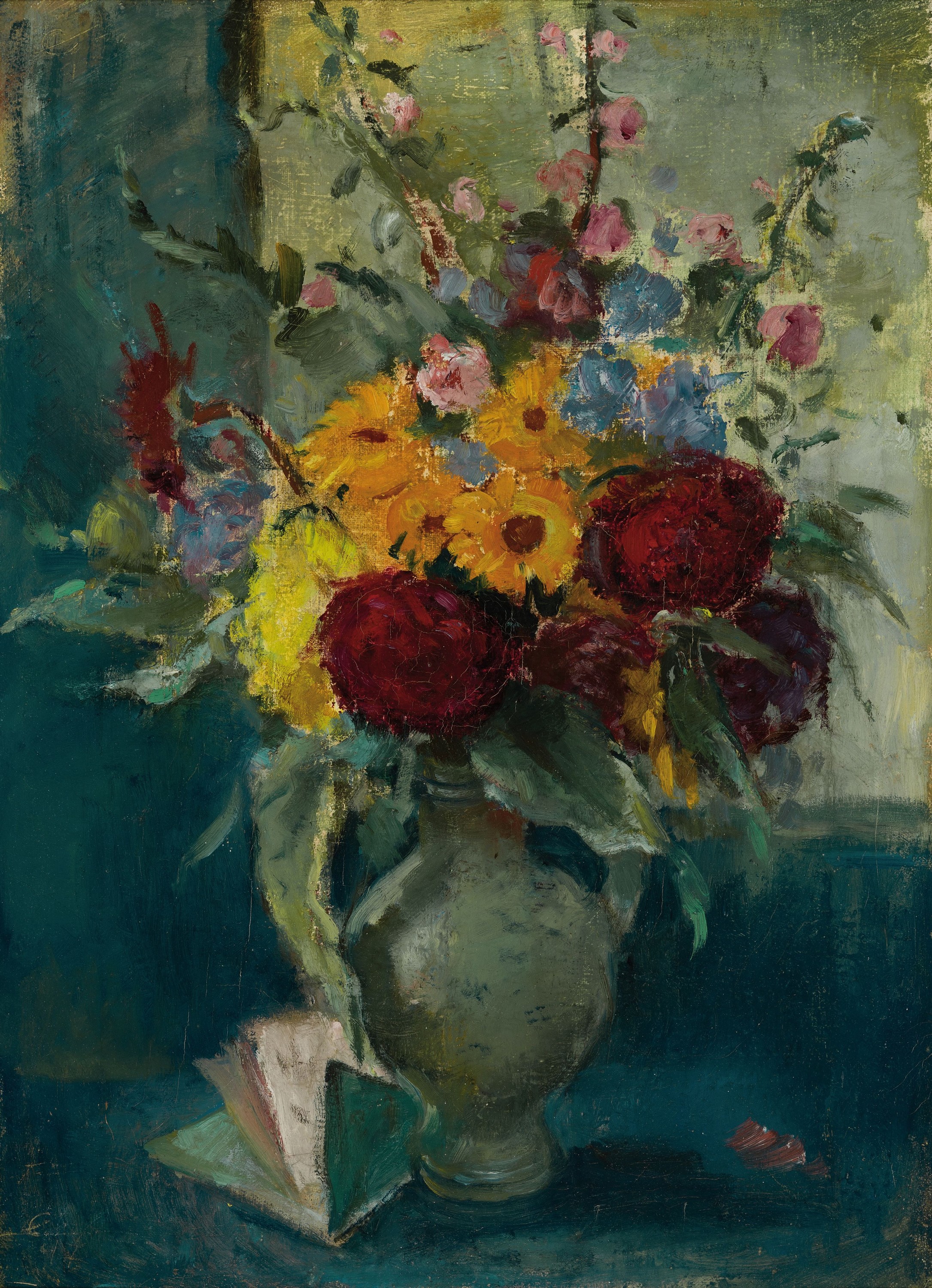Peter Paul Etz, 1913 Mainz-1995 Espenschied,Stillleben mit Blumen und Buch, Öl/Lwd,links unten monogr. und dat., rückseitig sign. und dat. 16.Juli ...