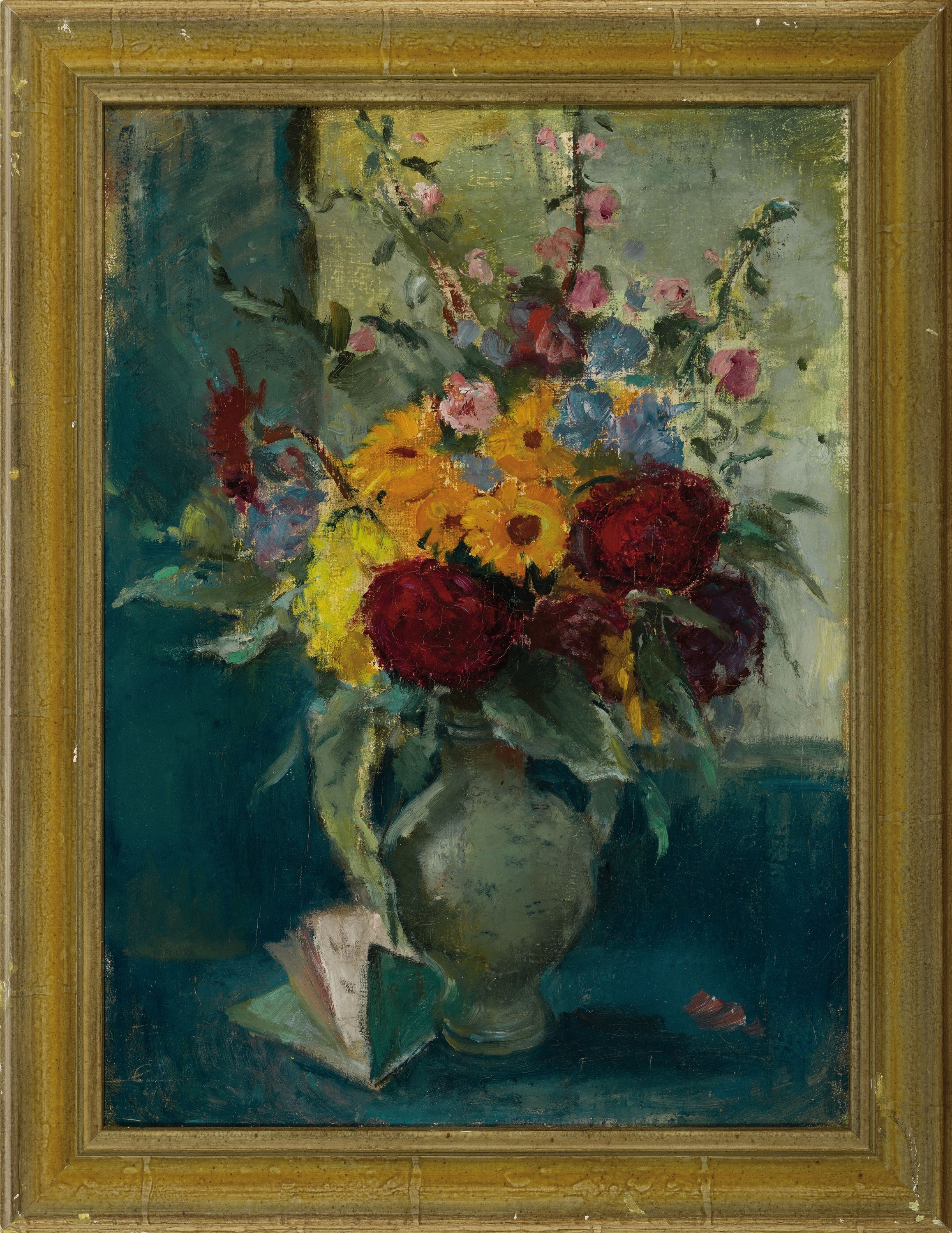 Detail k: Peter Paul Etz, 1913 Mainz-1995 Espenschied,Stillleben mit Blumen und Buch, Öl/Lwd,links unten monogr. und dat., rückseitig sign. und dat. 16.Juli ...