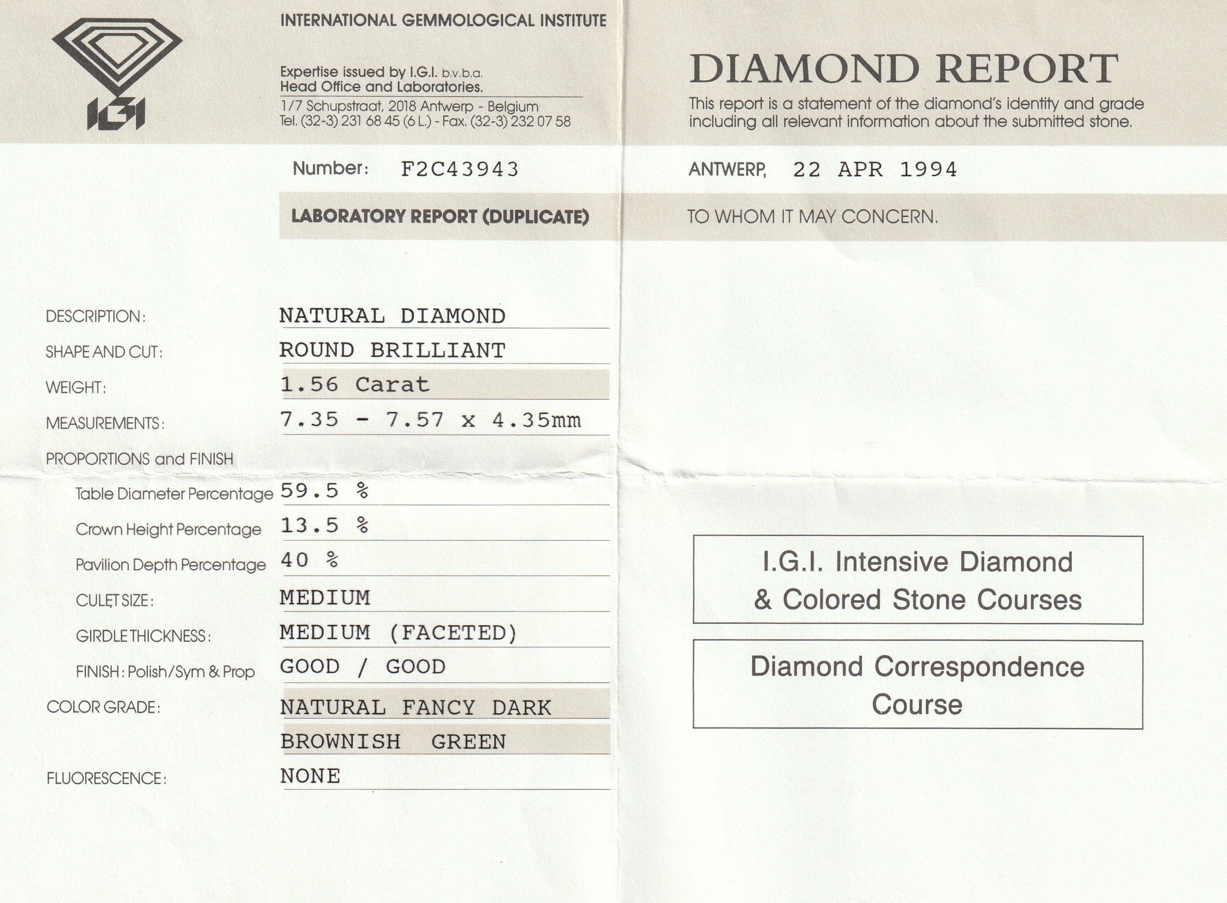 Detail a: Loser Brillant, 1.56 ct, natural fancy deep brownish green, eingeschweißt, IGI-Expertise