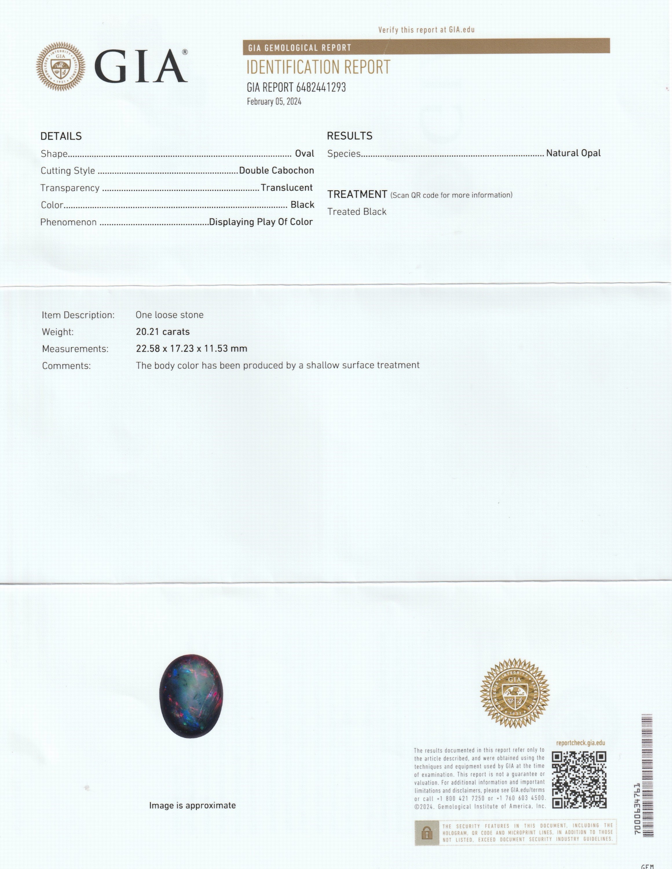 Detail e: Loser Schwarzopal, 20.21 ct, ovaler Cabochon, intensives Farbspiel in rot, gelb und grün, mit GIA-Expertise