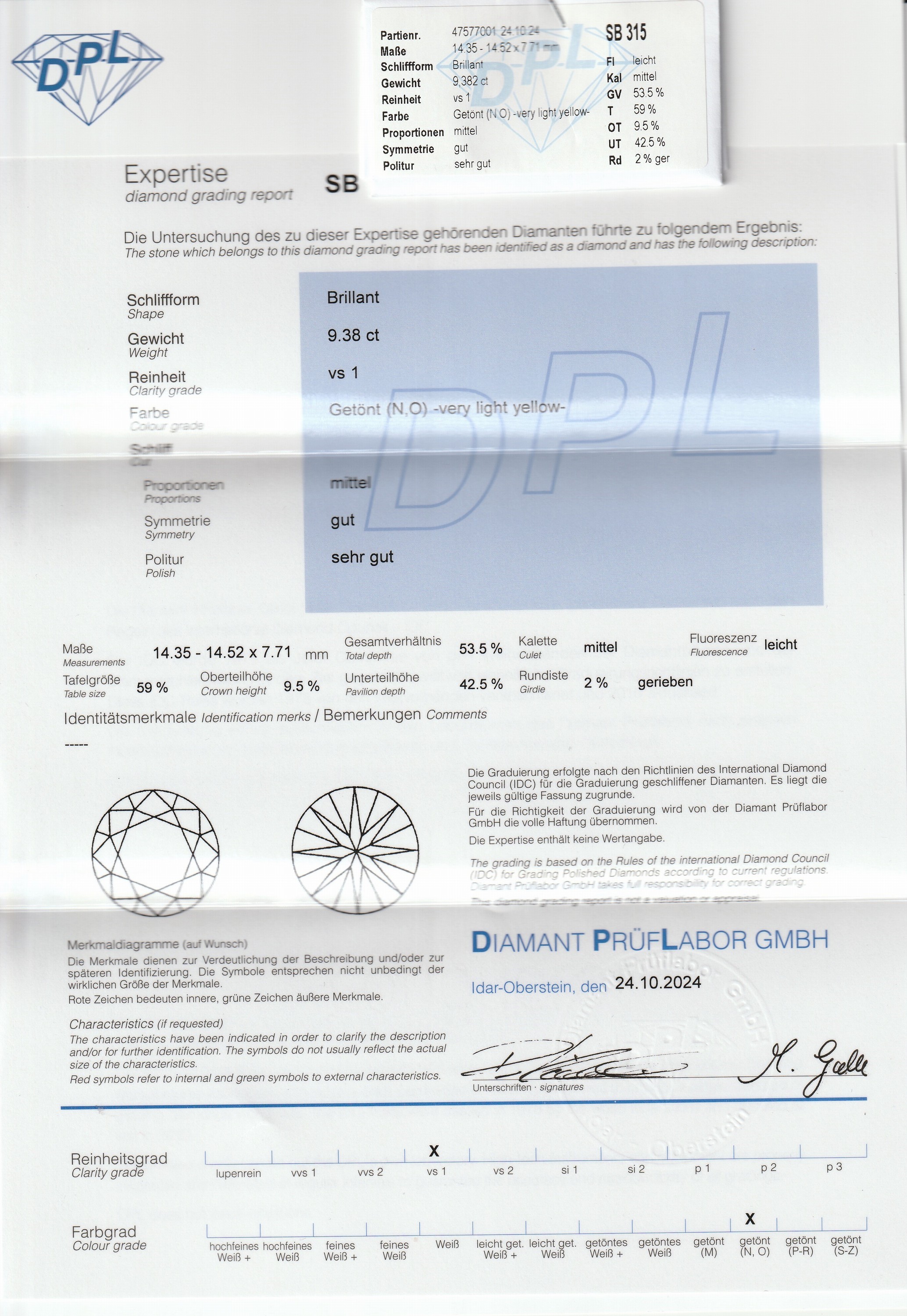 Detail a: 18 kt Gold Brillant-Ring, WG 750/000, Brillant 9.38 ct get.(N,O)-very light Yellow/ vs1, Krappenfassungen, DPL-Expertise vom 24.10.2024 anbei, RW ...
