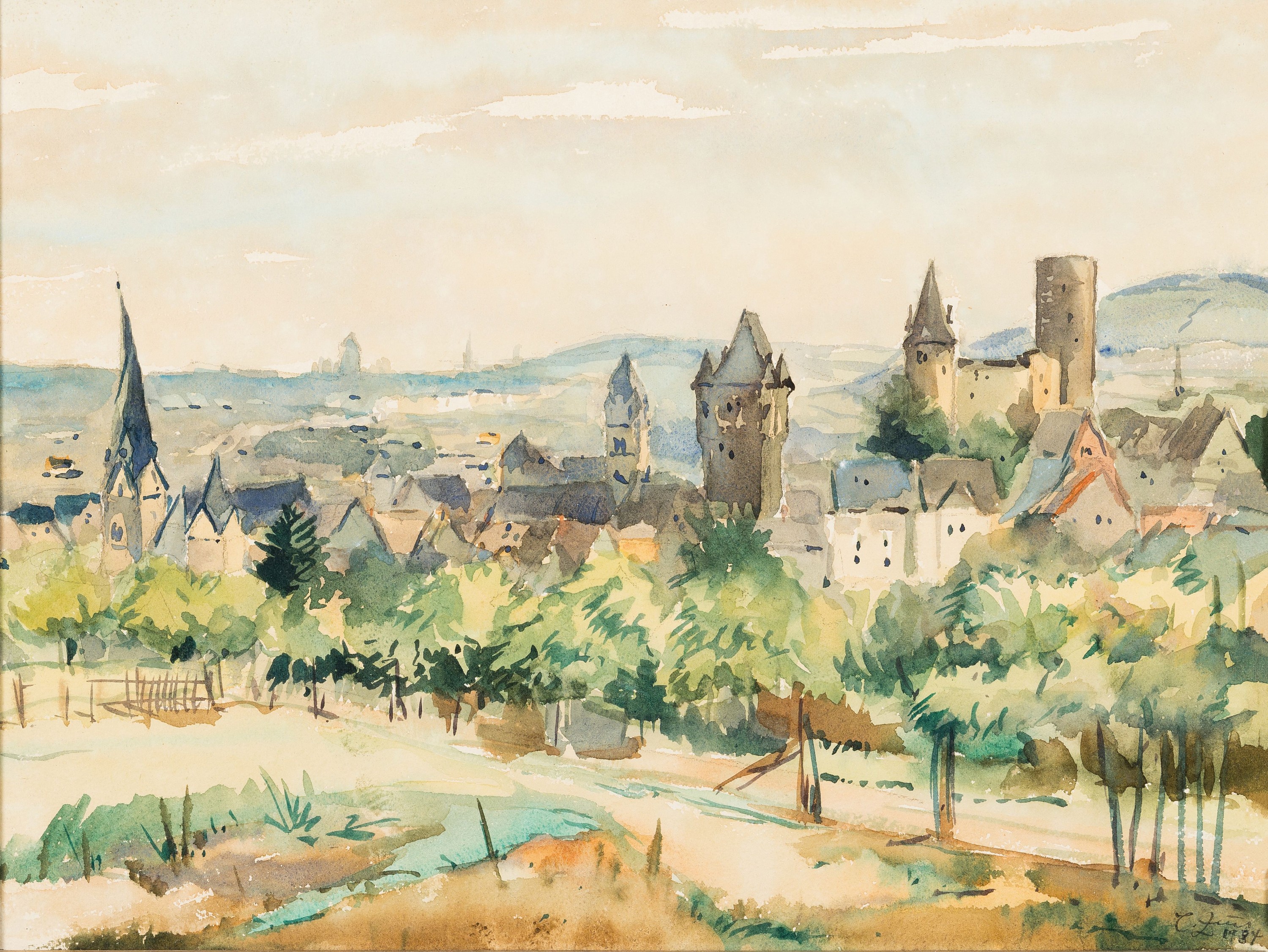 Toni Zeus, geb. 1908 Thür bei Mayen, Blick vom Jägersköpfchen auf Mayen, Aquarell auf Papier, rechts unten sign. und dat. 1984, ca. 29x39cm, ...