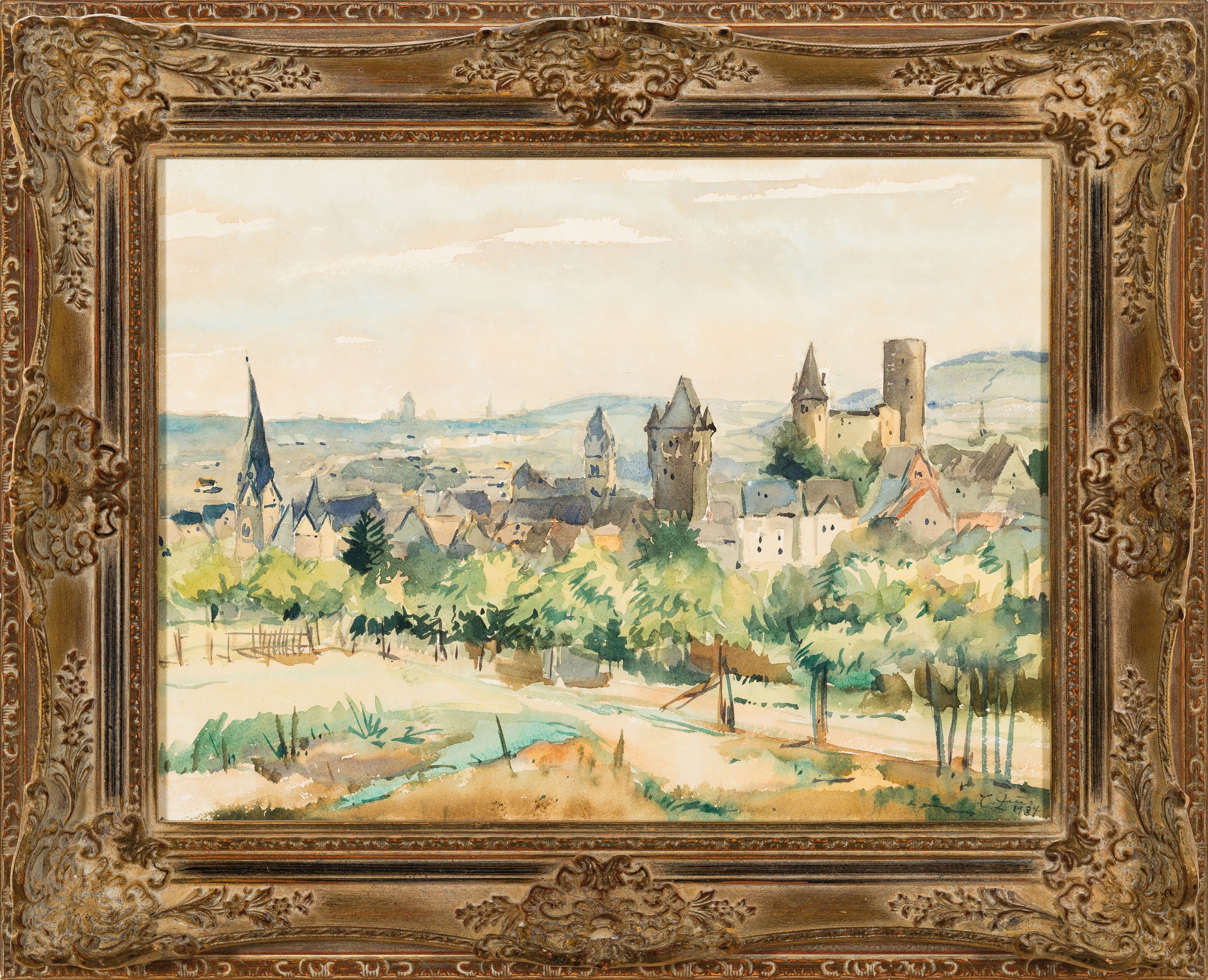 Detail k: Toni Zeus, geb. 1908 Thür bei Mayen, Blick vom Jägersköpfchen auf Mayen, Aquarell auf Papier, rechts unten sign. und dat. 1984, ca. 29x39cm, ...