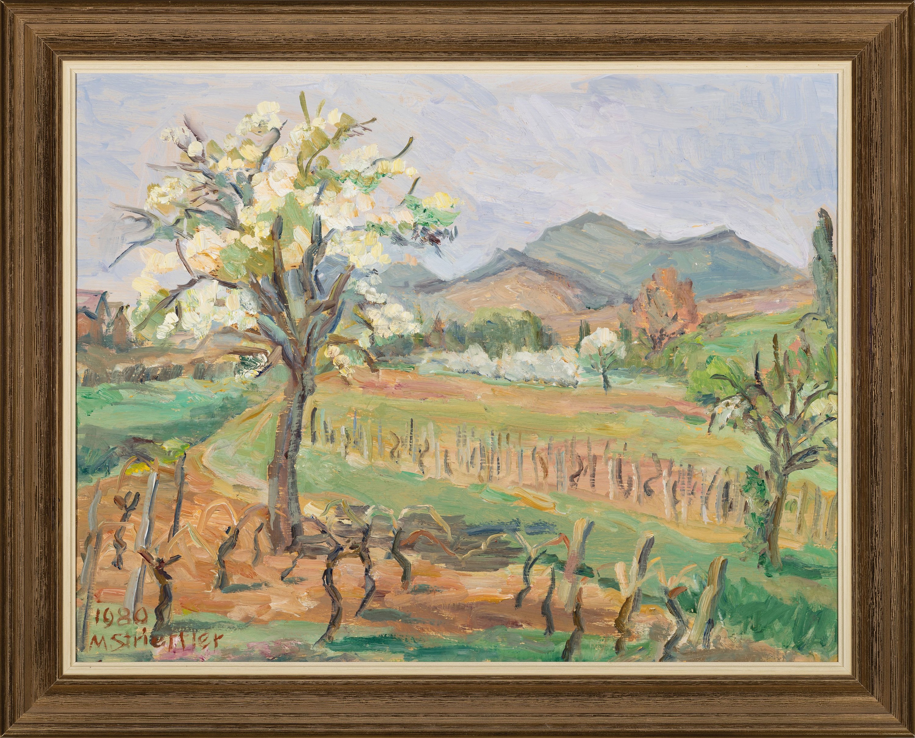 Detail k: Marie Strieffler, 1917-1987 Landau, Süd-pfälzer Landschaft mit Reben und blühendem Baum, ÖL/Lwd, links unten sign. und dat. 1980, ca. 59x75cm, R. ...