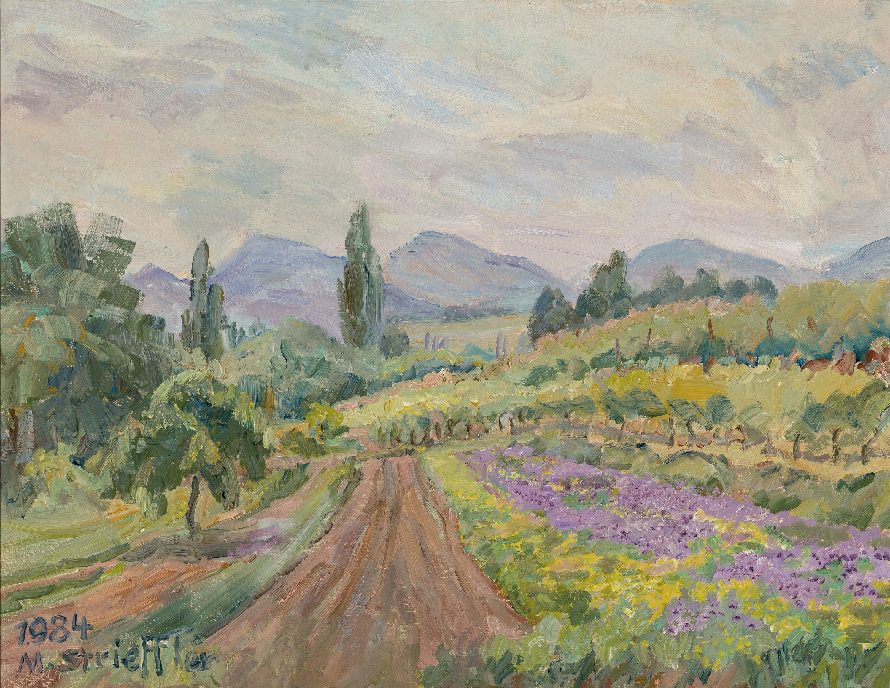 Marie Strieffler, 1917-1987 Landau, Blick auf die Haardt mit Weg und Feldblumen im Vordergrund, Öl/Lwd, links unten sign. und dat. 1984, ca. ...