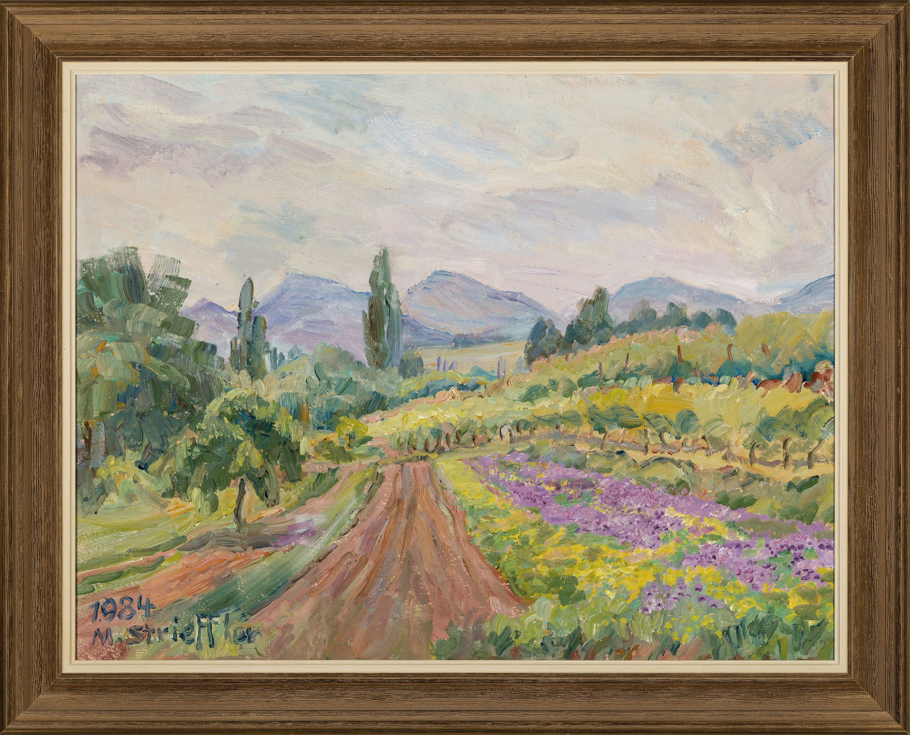 Detail k: Marie Strieffler, 1917-1987 Landau, Blick auf die Haardt mit Weg und Feldblumen im Vordergrund, Öl/Lwd, links unten sign. und dat. 1984, ca. ...