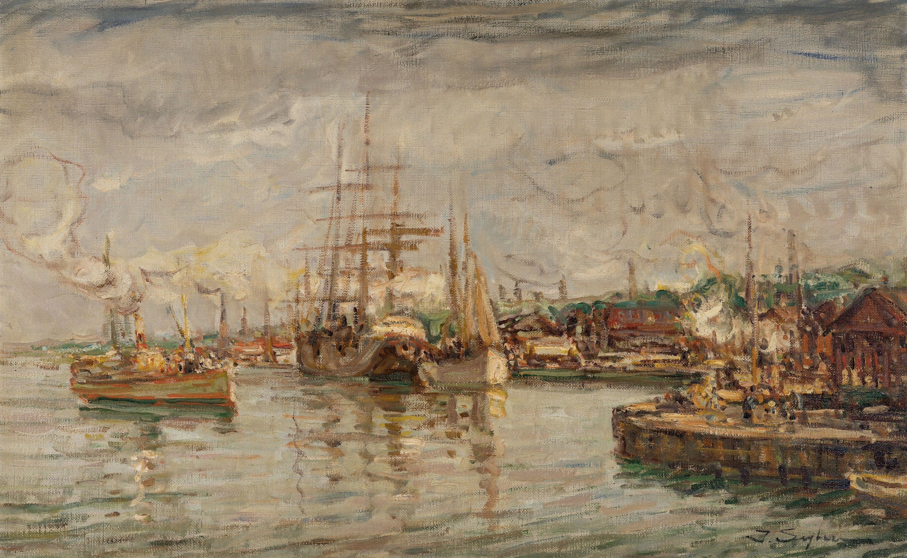 Julius Seyler, 1873-1955 München, Blick auf einen Hafen mit Dampf- und Segelboot, Öl/Lwd, rückseitig alte Etiketten Galerie Commeter Hamburg und ...
