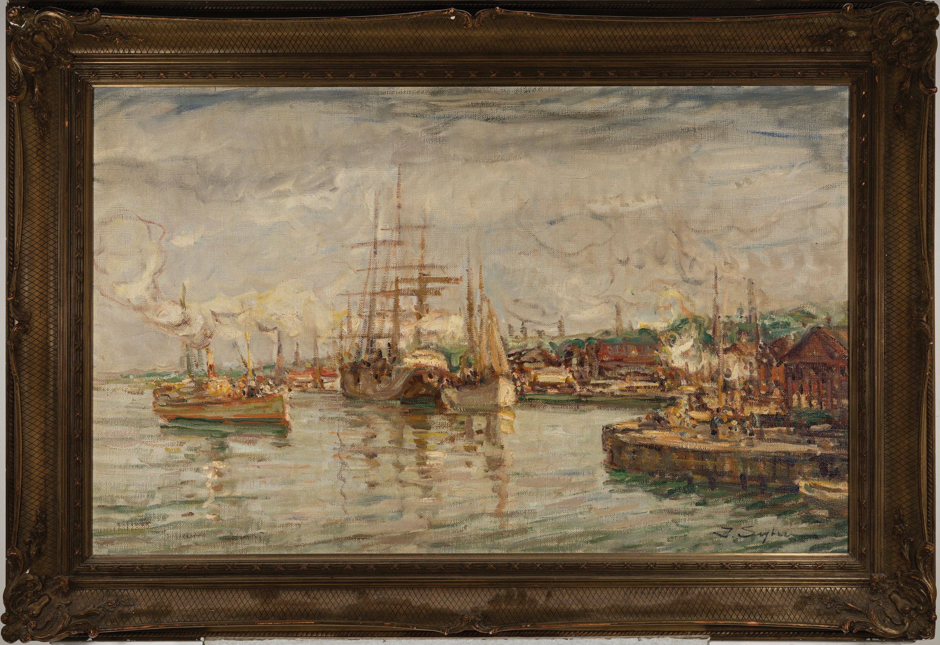 Detail k: Julius Seyler, 1873-1955 München, Blick auf einen Hafen mit Dampf- und Segelboot, Öl/Lwd, rückseitig alte Etiketten Galerie Commeter Hamburg und ...