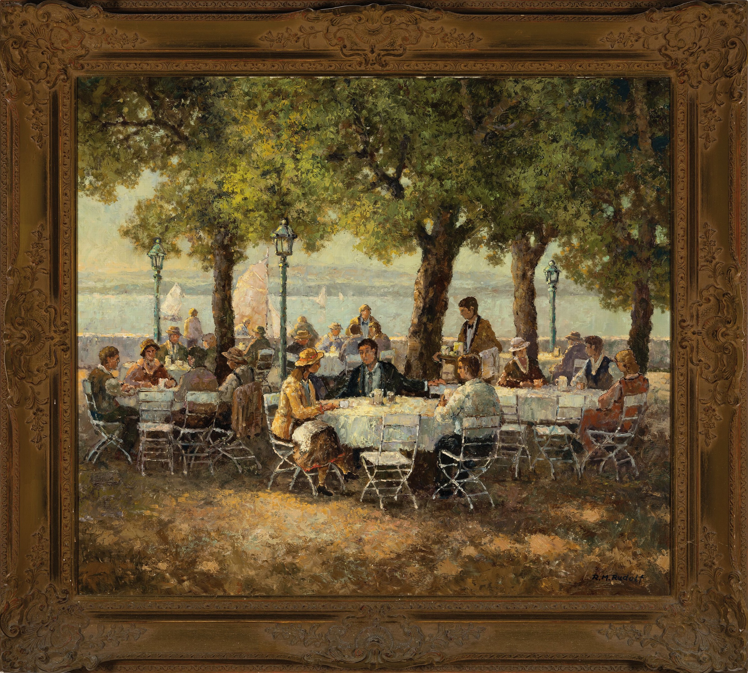 Detail k: Rainer Maximilian Rudolf, geb. 1931, Belebter Biergarten am Seeufer, Öl/Lwd, rechts unten signiert, ca. 70x80cm, R. ca. 86x96cm