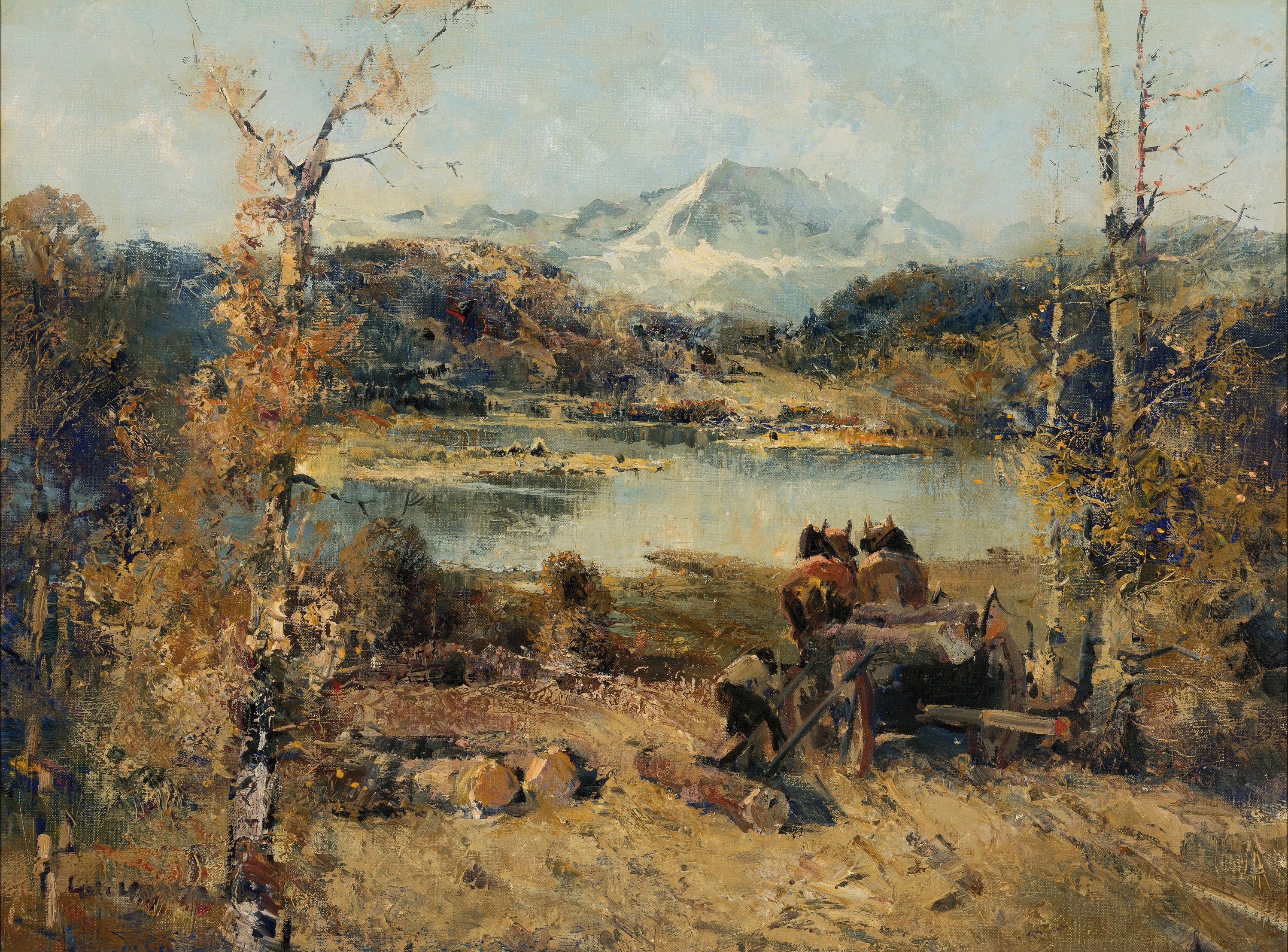 Ludwig Gschossmann, 1901 München-1988 Tagernsee, Voralpenlandschaft mit See, im Vordergrund ein zweispänniger Wagen, rückseitig bez. Starnberger ...