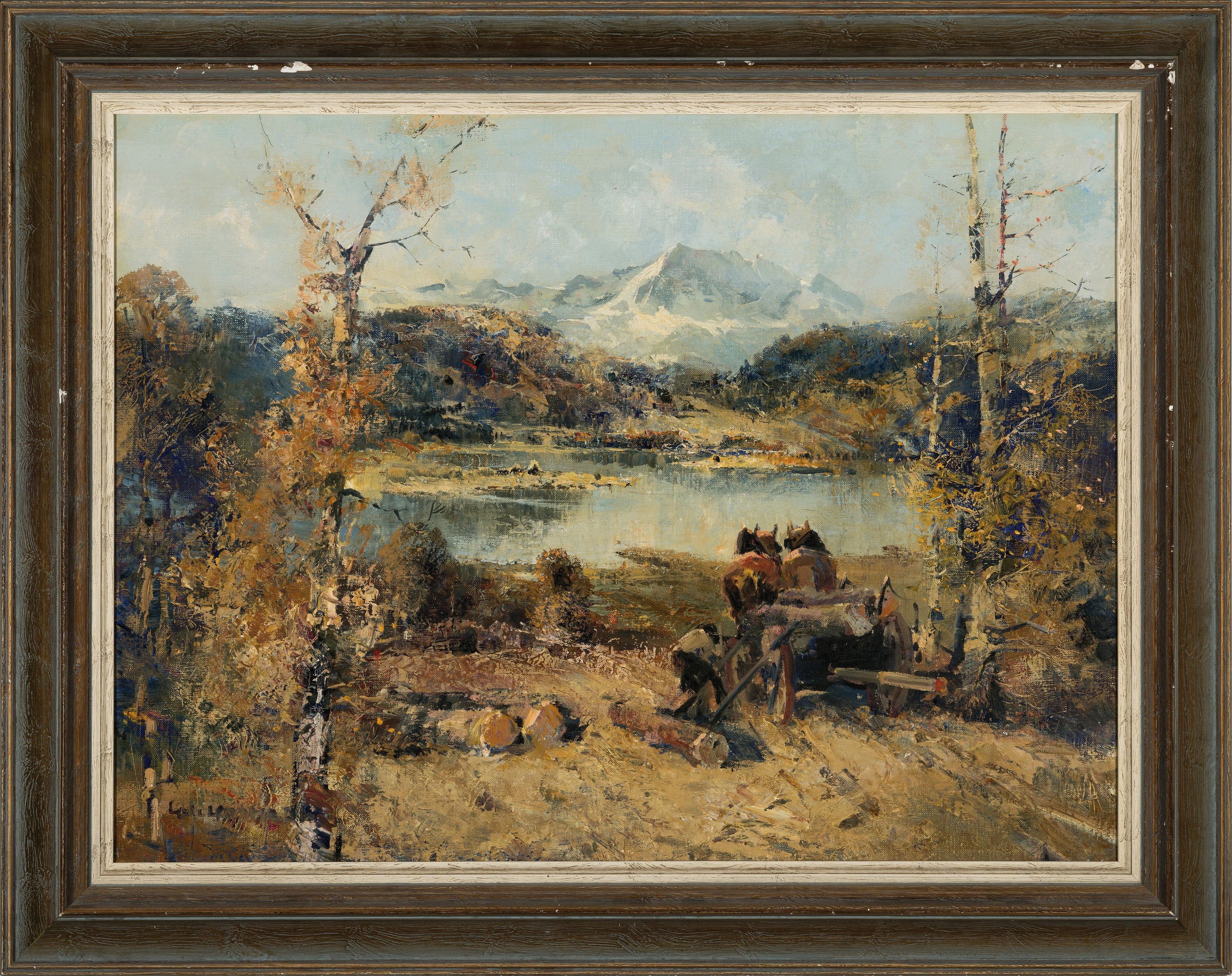Detail k: Ludwig Gschossmann, 1901 München-1988 Tagernsee, Voralpenlandschaft mit See, im Vordergrund ein zweispänniger Wagen, rückseitig bez. Starnberger ...