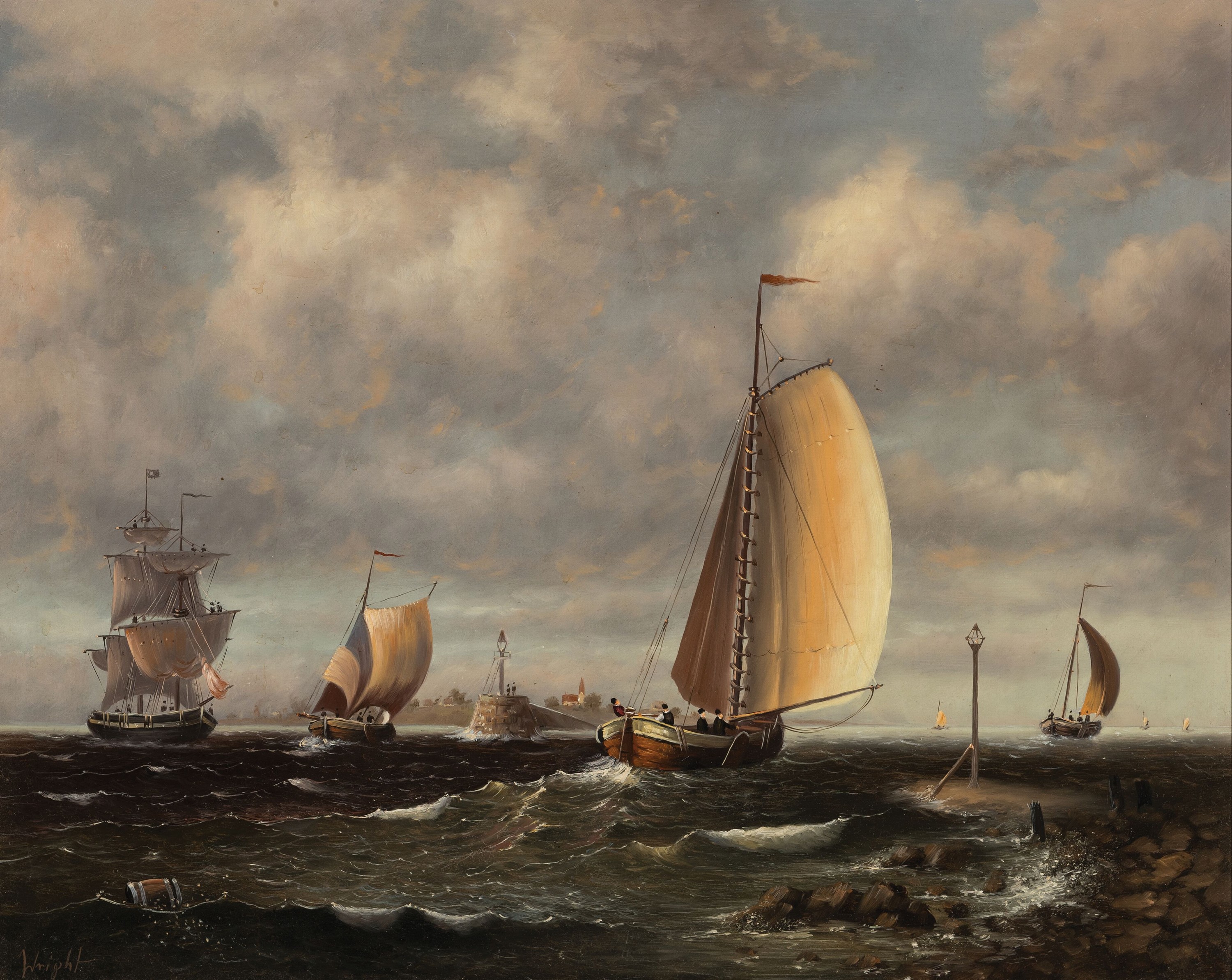 Leslie Wright, geb. 1921 Dover, Segelschiffe vor der Hafeneinfahrt, Öl/Holz, links unten sign., ca. 40x50cm, R. ca. 55x65cm