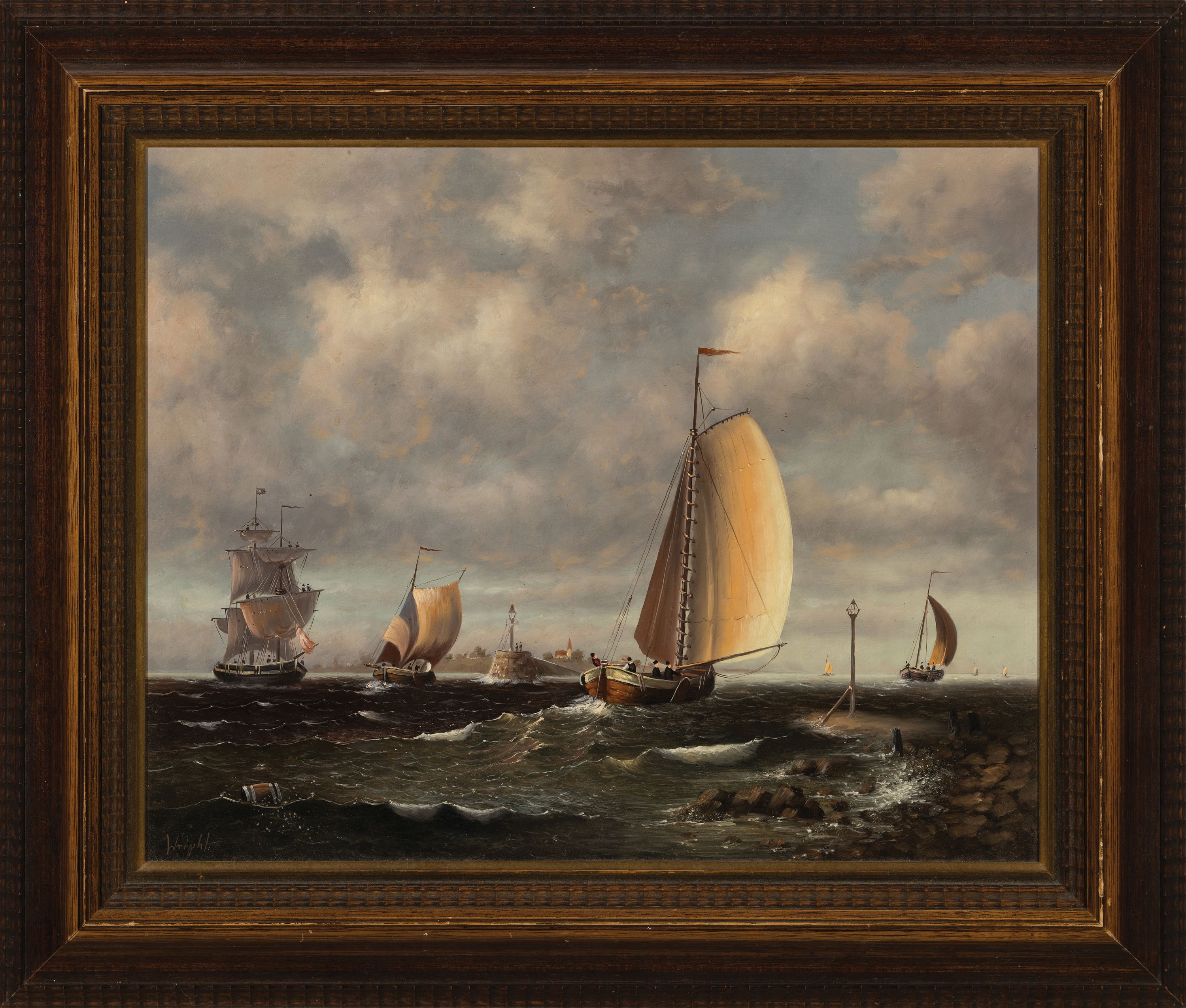 Detail k: Leslie Wright, geb. 1921 Dover, Segelschiffe vor der Hafeneinfahrt, Öl/Holz, links unten sign., ca. 40x50cm, R. ca. 55x65cm