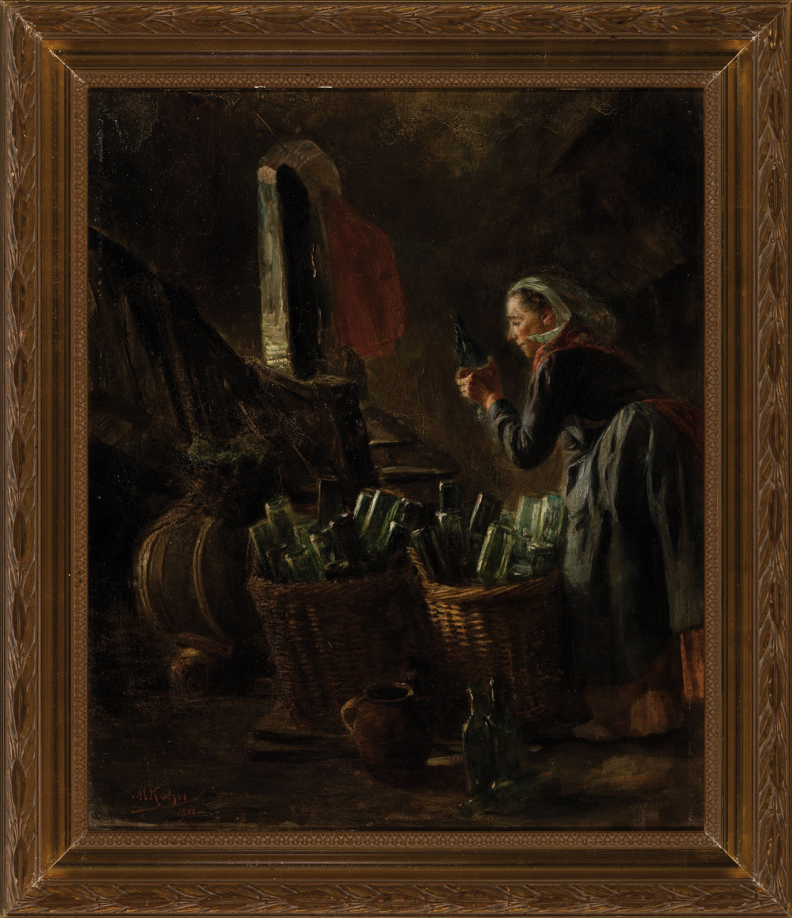 Detail k: Max Kahn, 1857 Mannheim-1939 Carpentras, Magd im Weinkeller, Öl/Lwd, links unten sign. und dat. 1911, ca. 55x45cm, R. ca. 68x58cm, Studium am ...