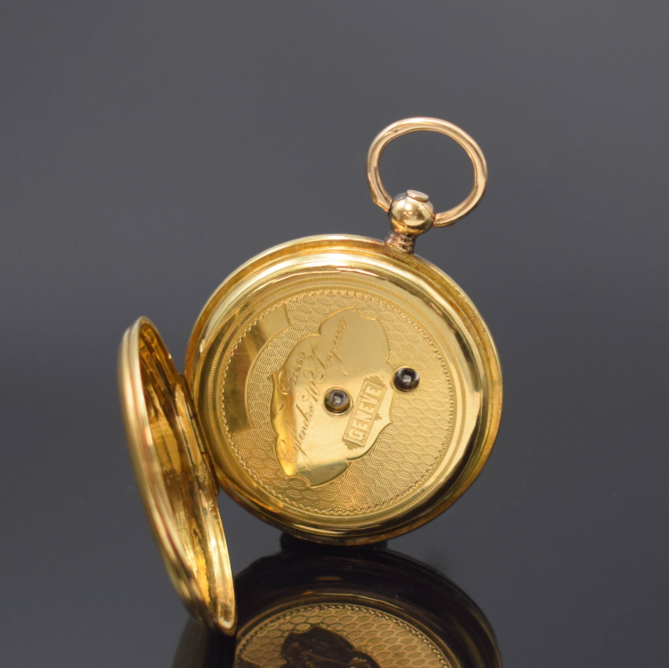 Detail e: Feine Genfer Savonette Zylinder- Damentaschenuhr in GG 750/000, Schweiz um 1850, guill. 3-Deckel Goldgeh. dell., z. T. guill. Goldcuvette, ...