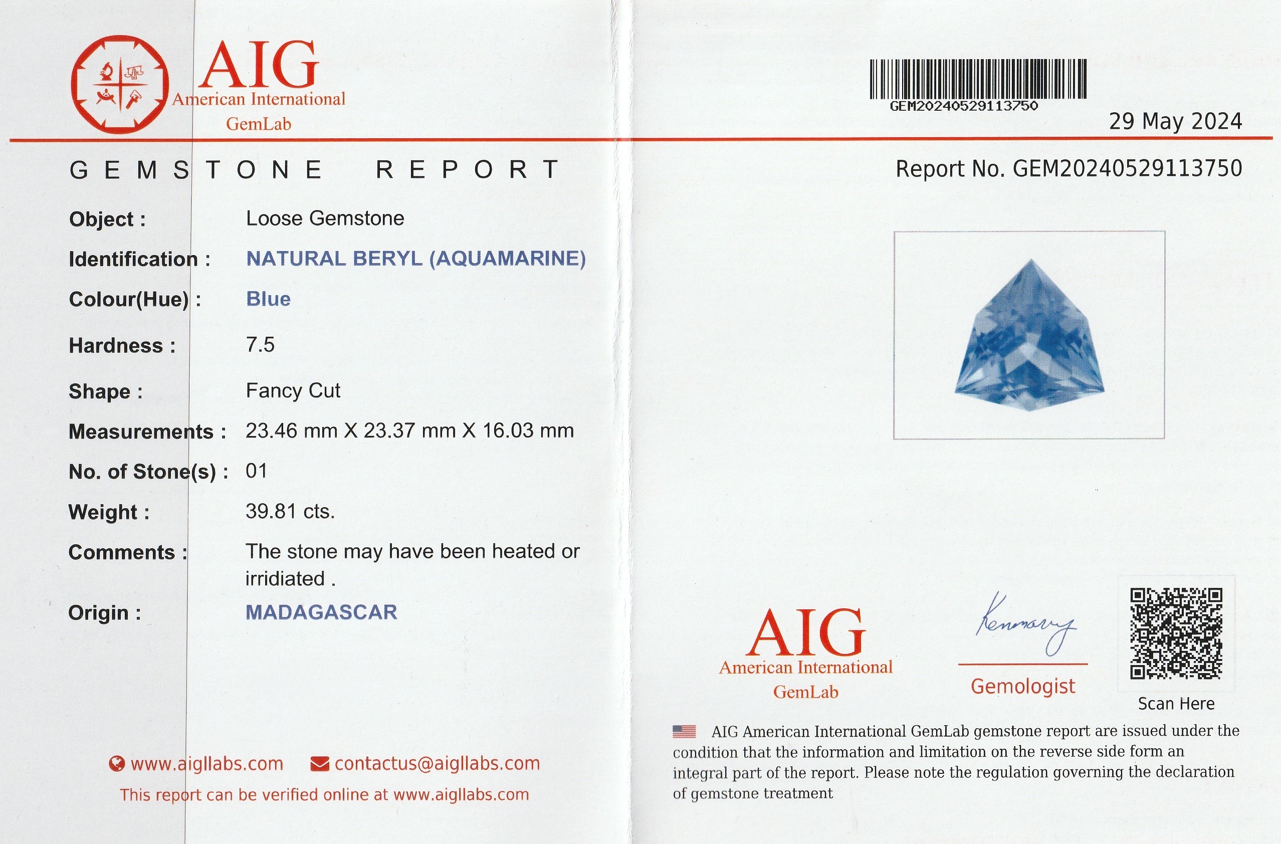 Detail c: Loser Aquamarin ca. 39.81 ct, facett. Trillant-schliff, 23.46 x 23.37 x 16.03 mm, von schöner Farbe, beh., mit AIG Expertise