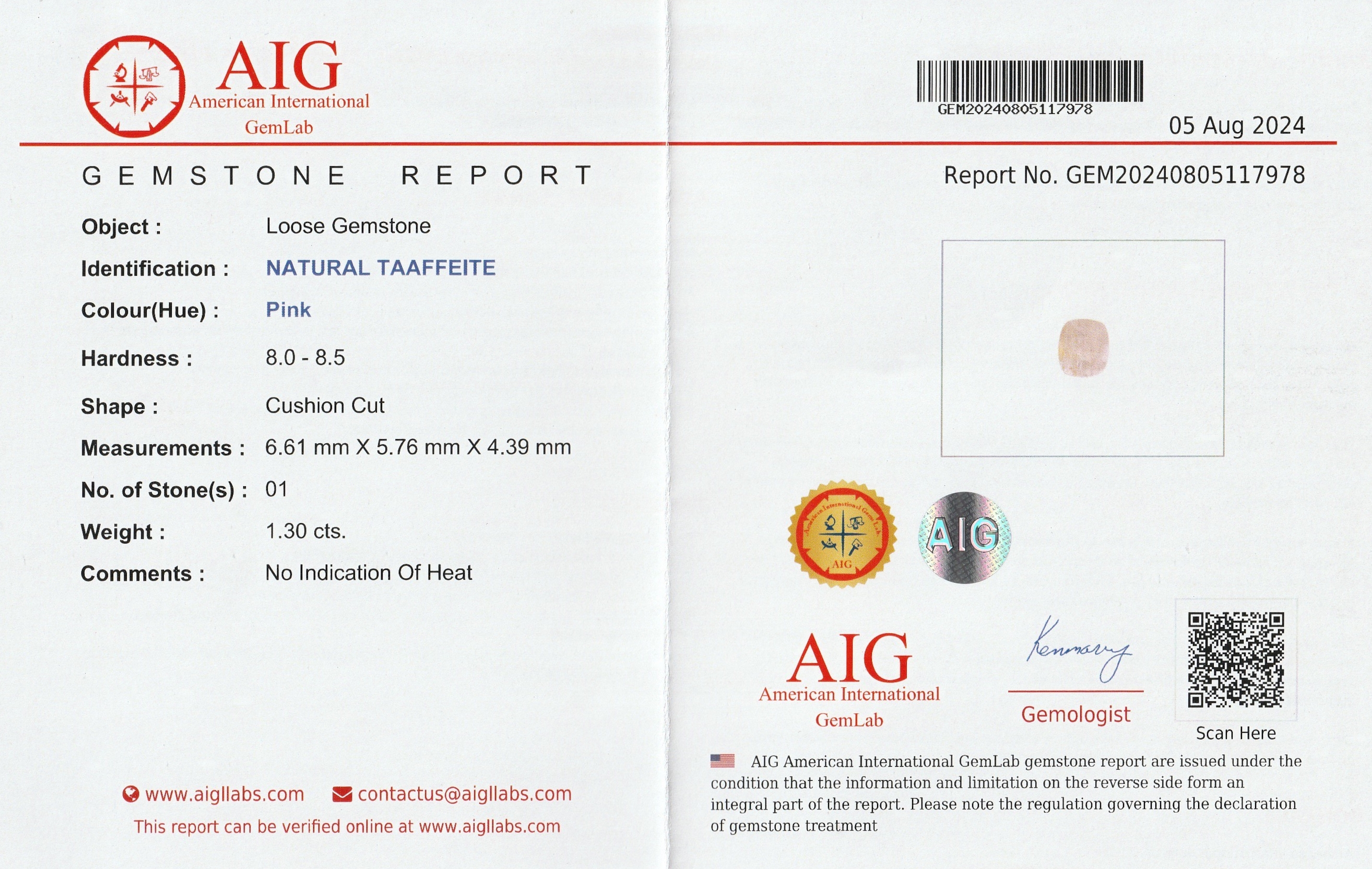 Detail c: Loser Taaffeit ca. 1.30 ct, facett. Kissenschliff, Pink, 6.61 x 5.76 x 4.39 mm, mit AIG Expertise