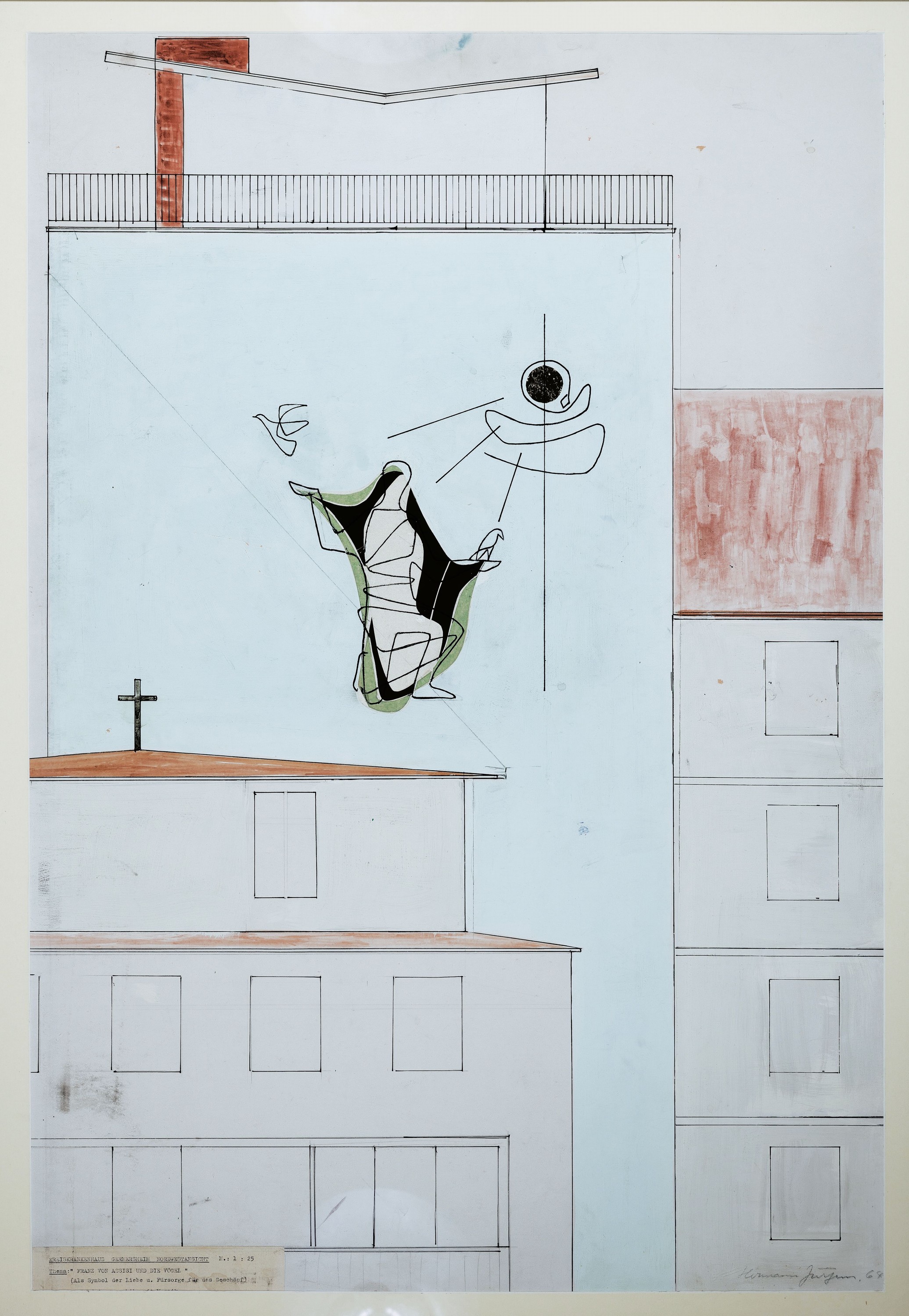 Hermann Jürgens, 1914 Heidelberg-1967 Homburg/Saar, Franz von Assisi und die Vögel, orig. Künstlerentwurf der Außenfassade des Kreiskrankenhauses ...