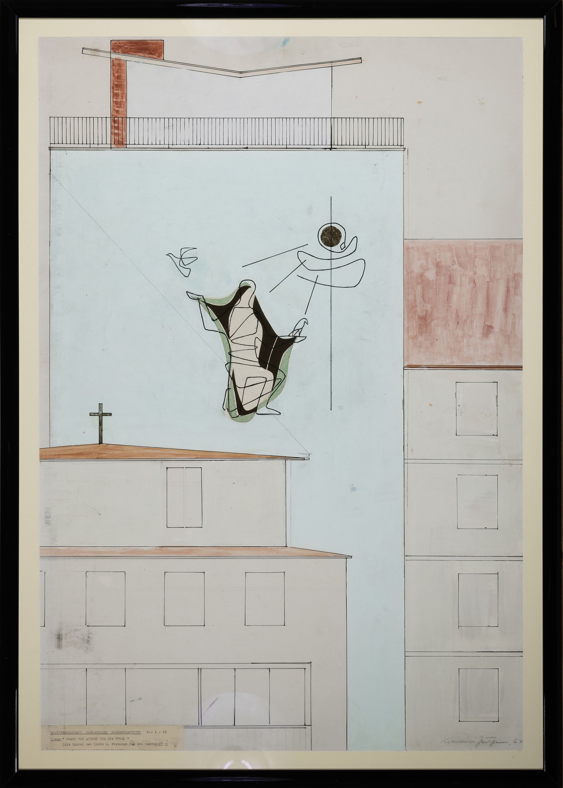 Detail k: Hermann Jürgens, 1914 Heidelberg-1967 Homburg/Saar, Franz von Assisi und die Vögel, orig. Künstlerentwurf der Außenfassade des Kreiskrankenhauses ...