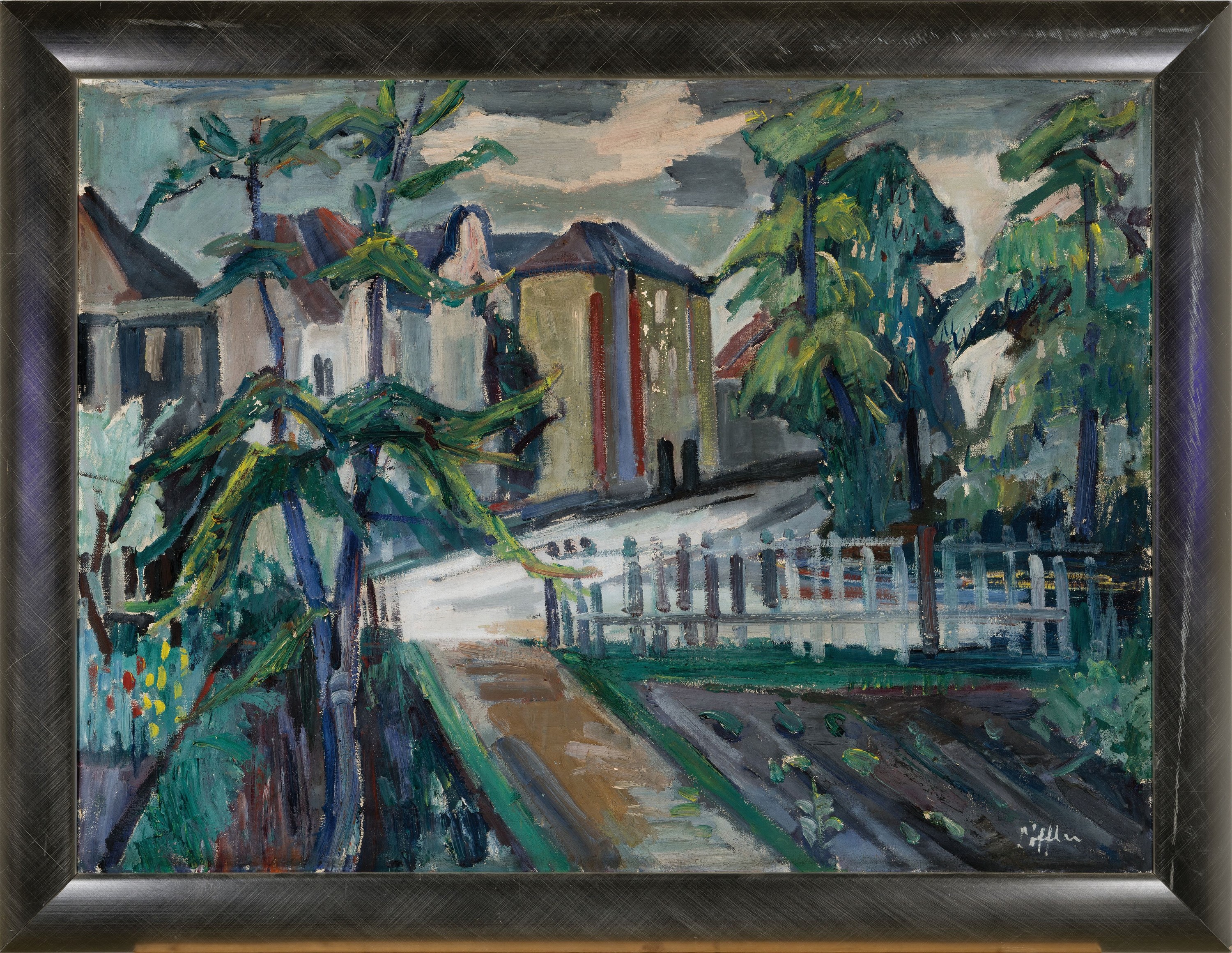 Detail k: Paul Löffler, 1920 Mannheim-1995 Speyer, Blick über einen Gemüsegarten auf die Stadt, Öl/Lwd, rechts unten signiert, 70x94 cm, Rahmen 78x102 cm