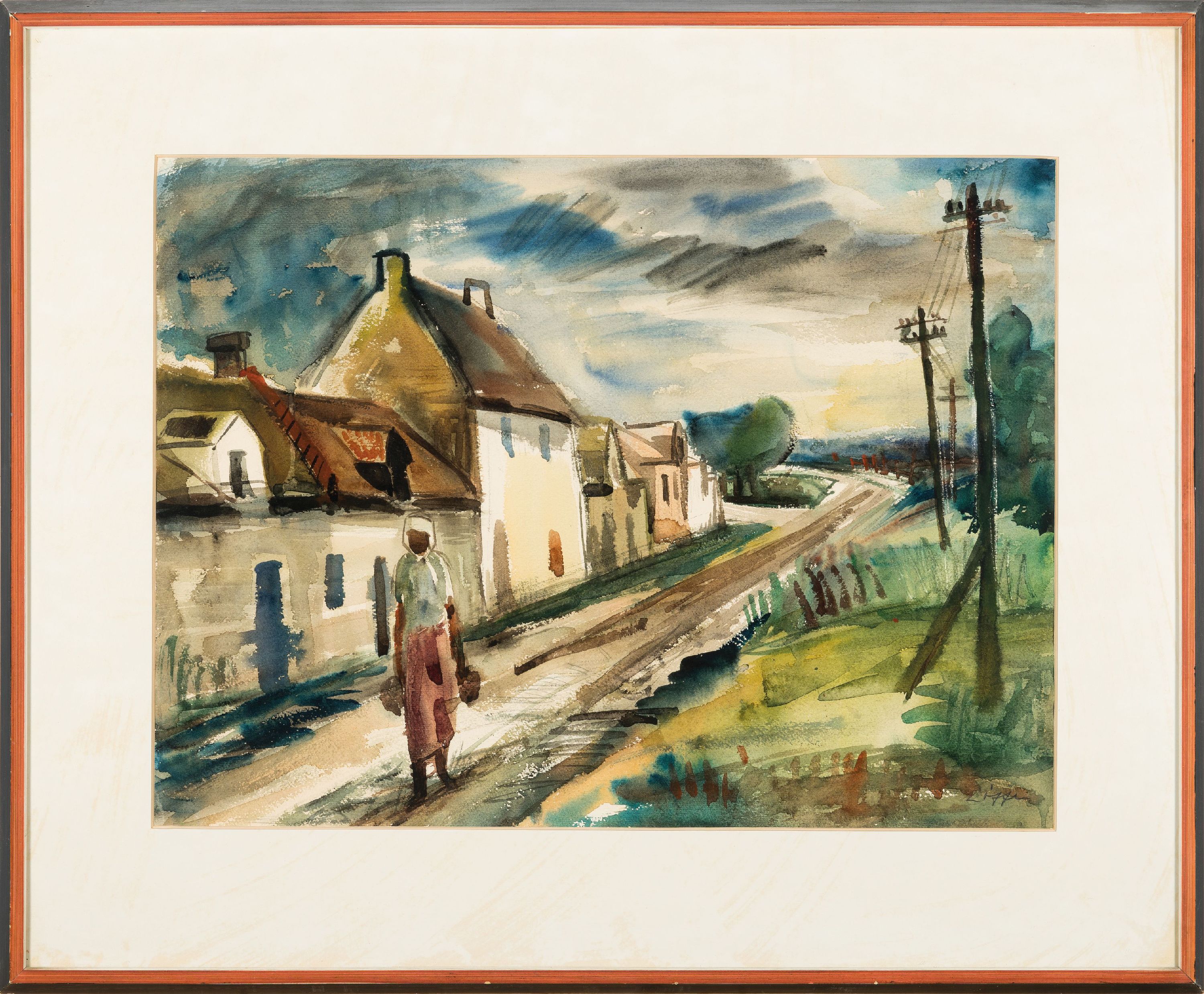 Detail k: Paul Löffler, 1920 Mannheim-1995 Speyer, Aquarell, Bäuerin auf der Dorfstraße, signiert unter Glas gerahmt 61x71 cm