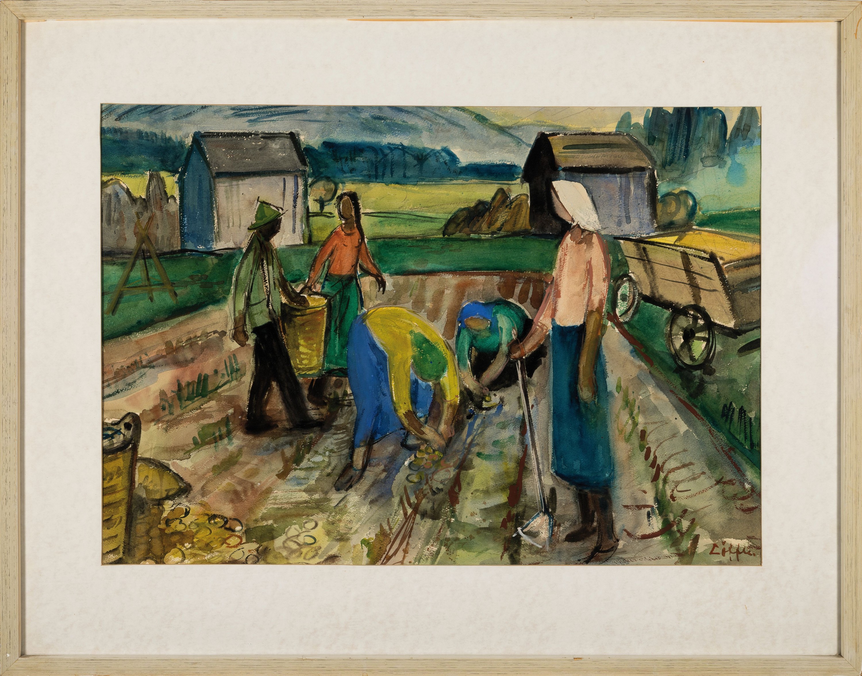Detail k: Paul Löffler, 1920 Mannheim-1995 Speyer, Aquarell, Bäuerinnen bei der Feldarbeit, rechts unten signiert, unter Glas gerahmt, 72x89 cm