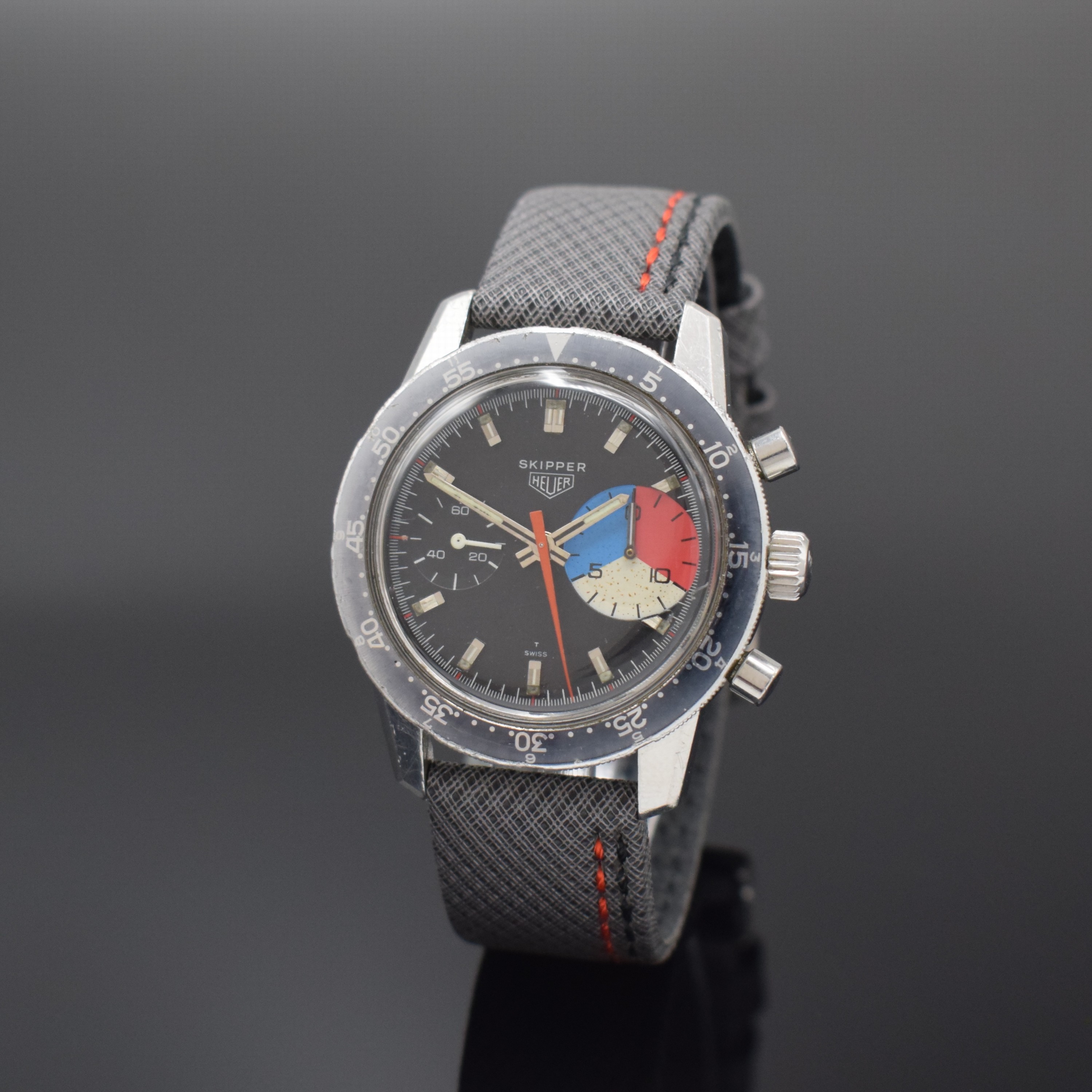 HEUER Skipper sehr seltener vintage Armbandchronograph in Stahl Referenz 7763, Schweiz um 1968, Handaufzug, Autavia Compressor-Gehäuse, Boden ...