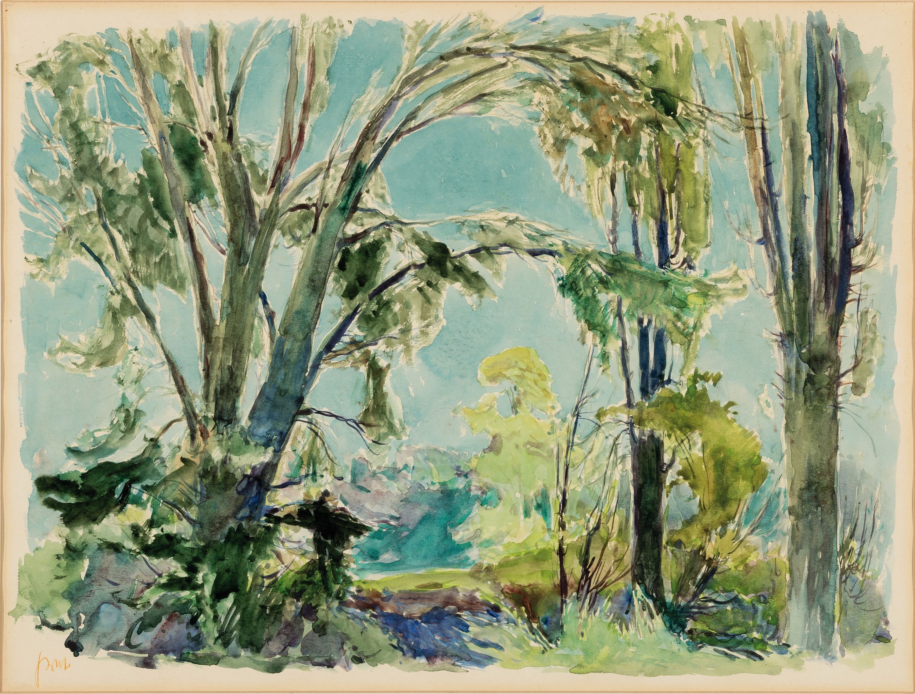 Karl Graf, 1902 Rothenburg-1986 Speyer, Landschaft am Altrhein, Aquarell auf Papier, links unten sign., ca. 46x60cm, PP, u.Gl., R. ca. 74x88cm