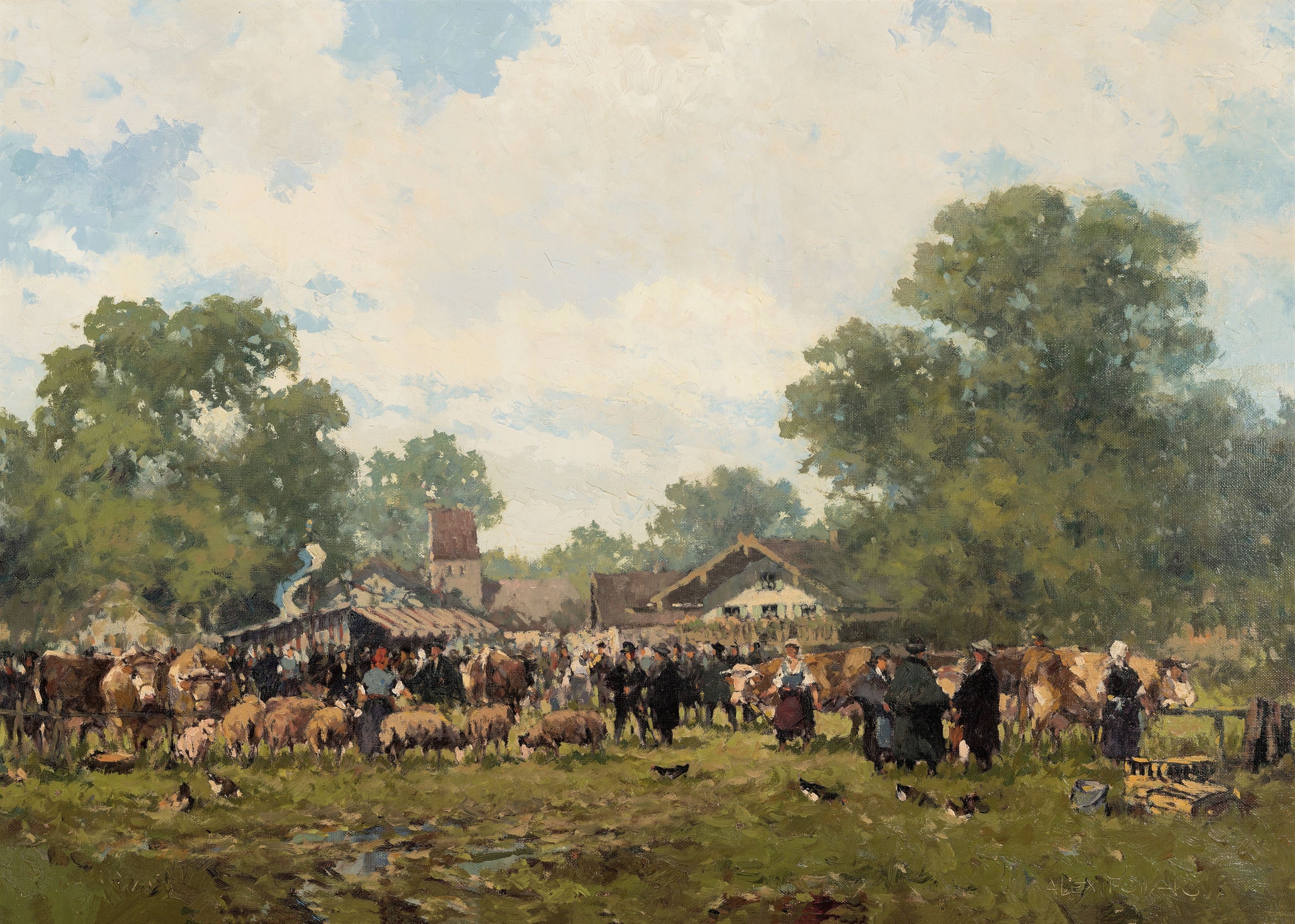Alexander Follak, 1915 Moskau-2006 München, Viehmarkt vor dem Dorf, vielfigurige Szenerie, Öl/Lwd, rechts unten sign., ca. 50x70cm, R. ca. 64x84cm