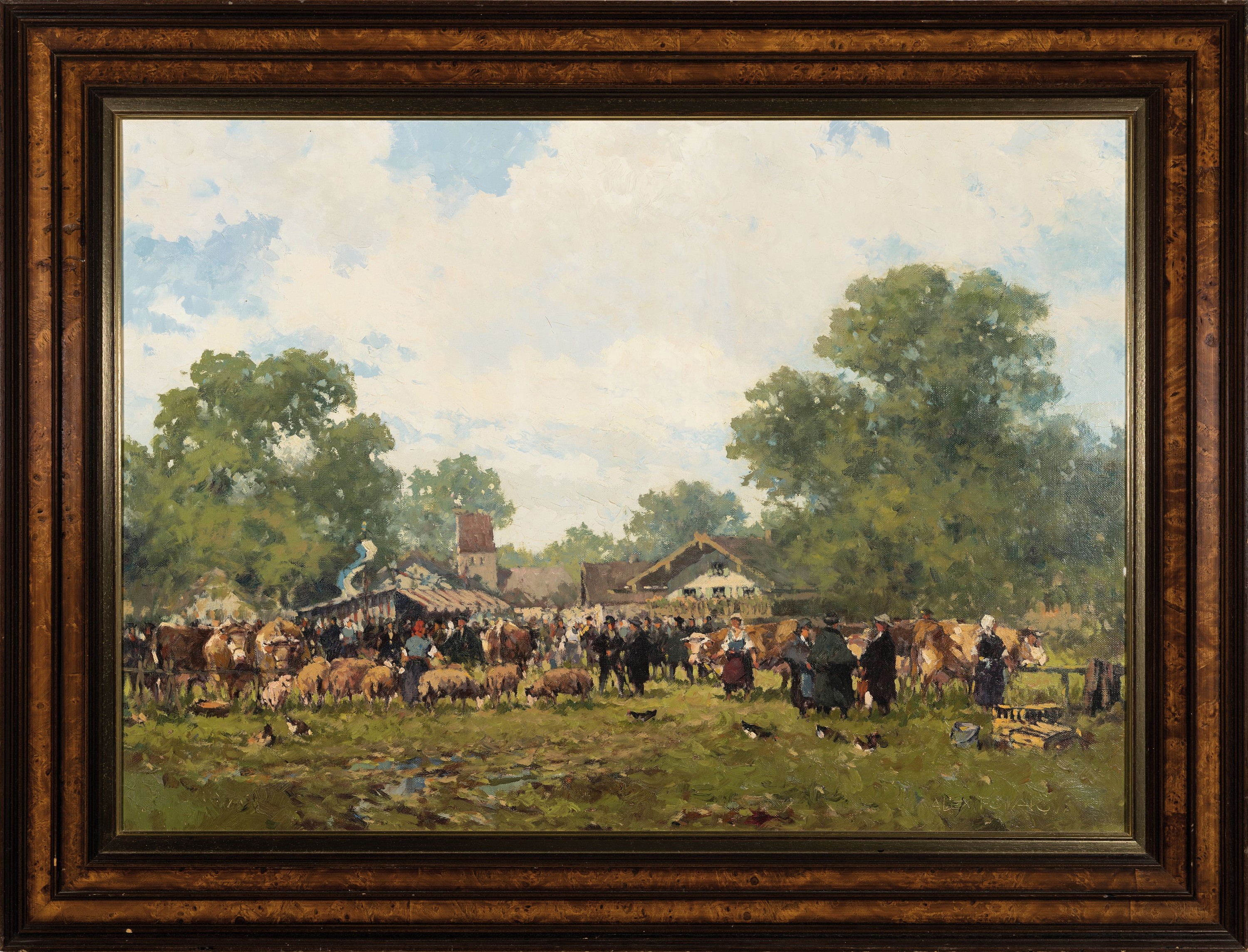Detail k: Alexander Follak, 1915 Moskau-2006 München, Viehmarkt vor dem Dorf, vielfigurige Szenerie, Öl/Lwd, rechts unten sign., ca. 50x70cm, R. ca. 64x84cm