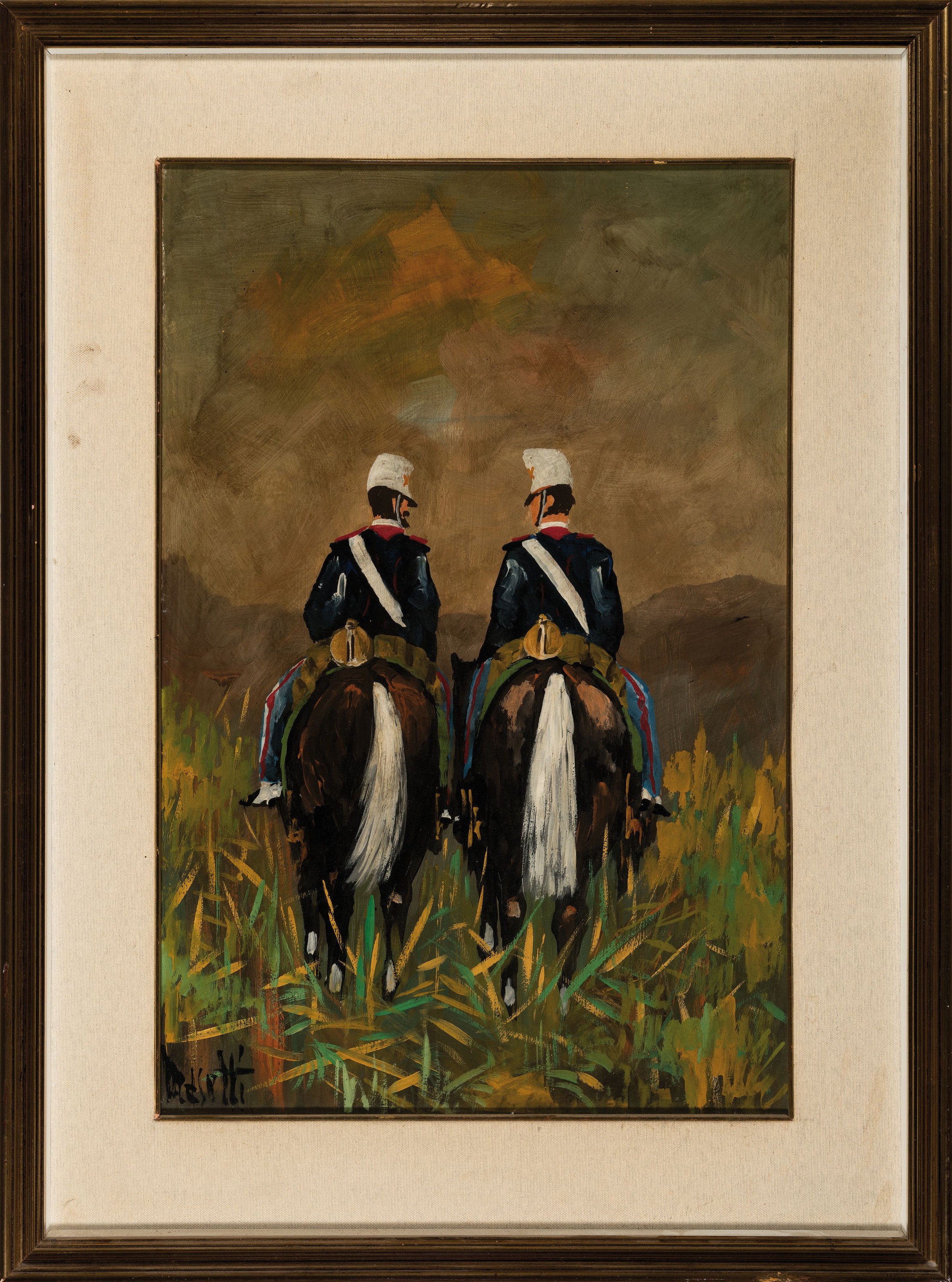 Detail k: Unbekannter Traditionalist des 20. Jh., zwei reitende Soldaten, Öl/Hartfaser, links unten unleserlich signiert, ca. 60x40cm, R. ca. 78x58cm