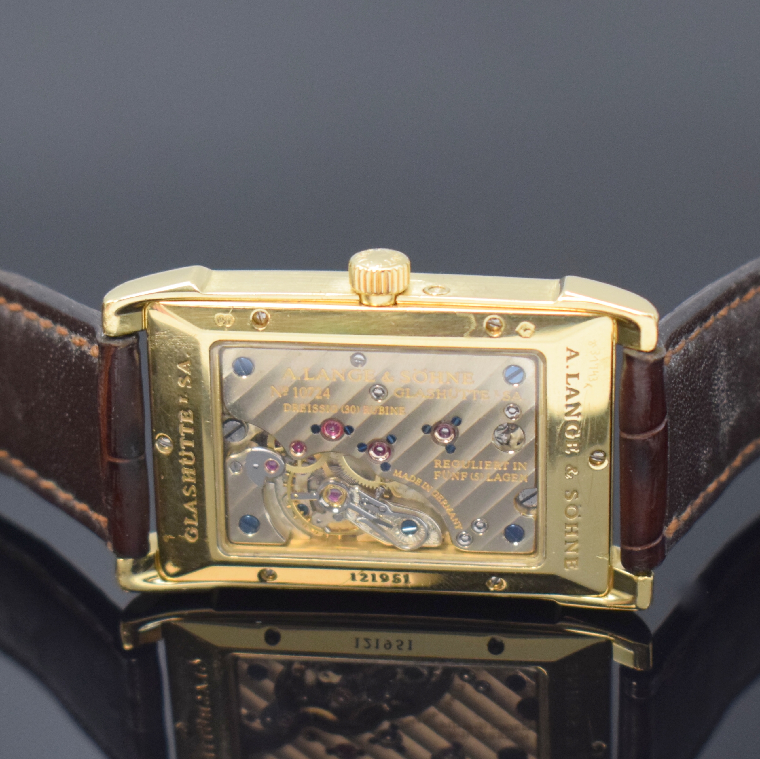 Detail e: A. LANGE & SÖHNE Armbanduhr Cabaret in GG 750/000 Referenz 107.021, Handaufzug, beids. vergl. Geh. inkl. orig. Lederband m. orig. GG 750/000 ...
