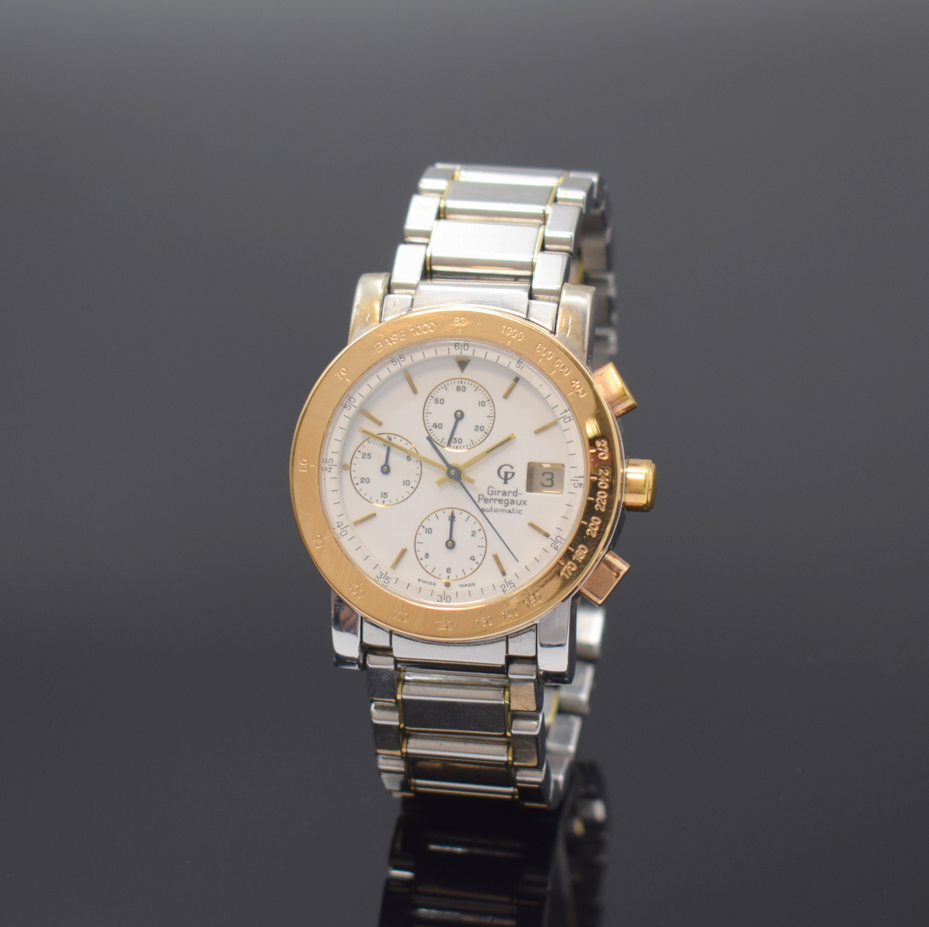 GIRARD PERREGAUX seltener Armbandchronograph in Silber Referenz 7000, Schweiz um 1995, Automatik, massives Gehäuse in 925/000 Silber und Gold komb. ...