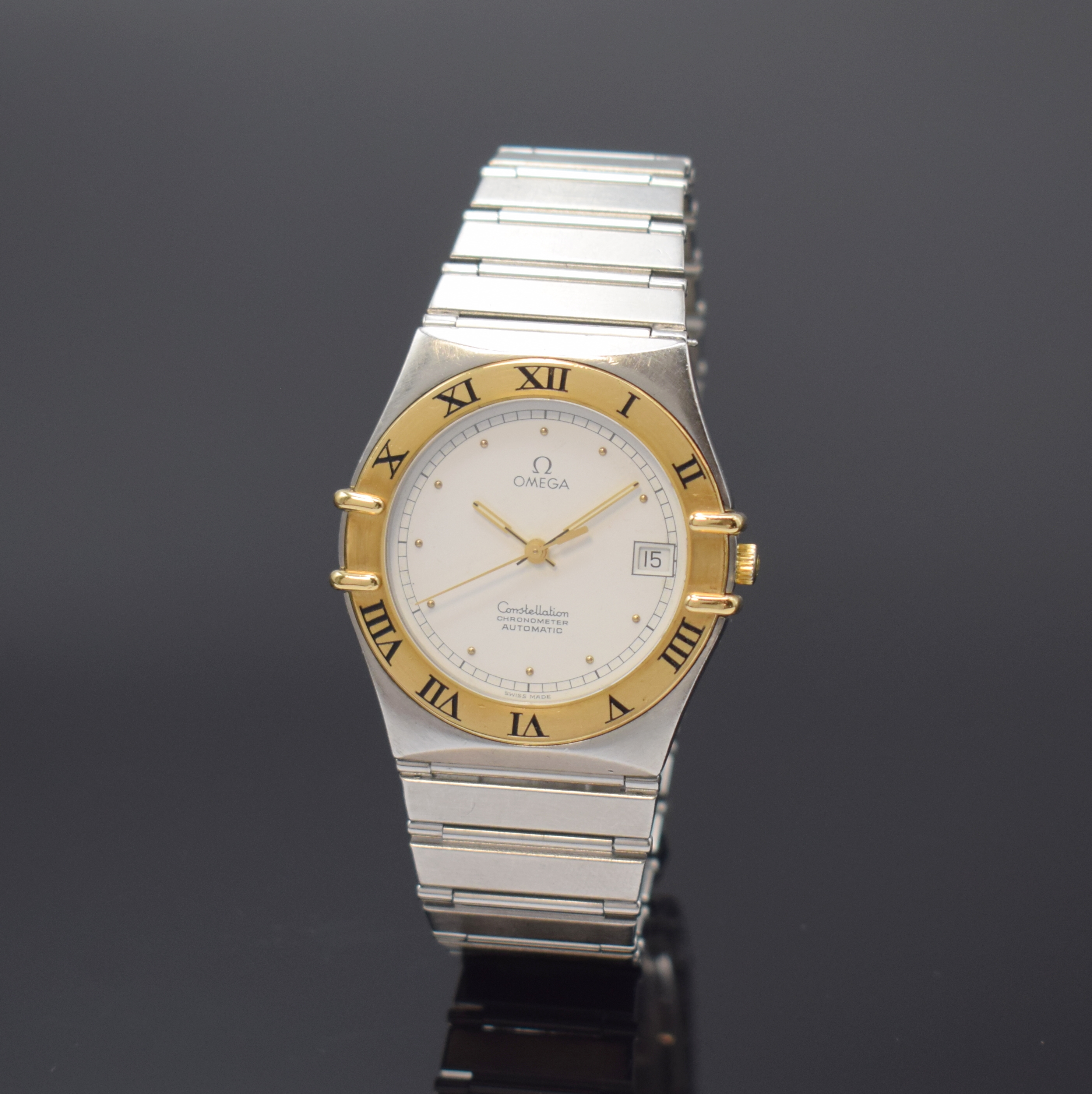 OMEGA Constellation Chronometer Herrenarmbanduhr in Stahl/Gold Referenz 368.1075.2, Schweiz um 1985, Automatik, beids. vergl. Stahlgeh., Goldlünette ...