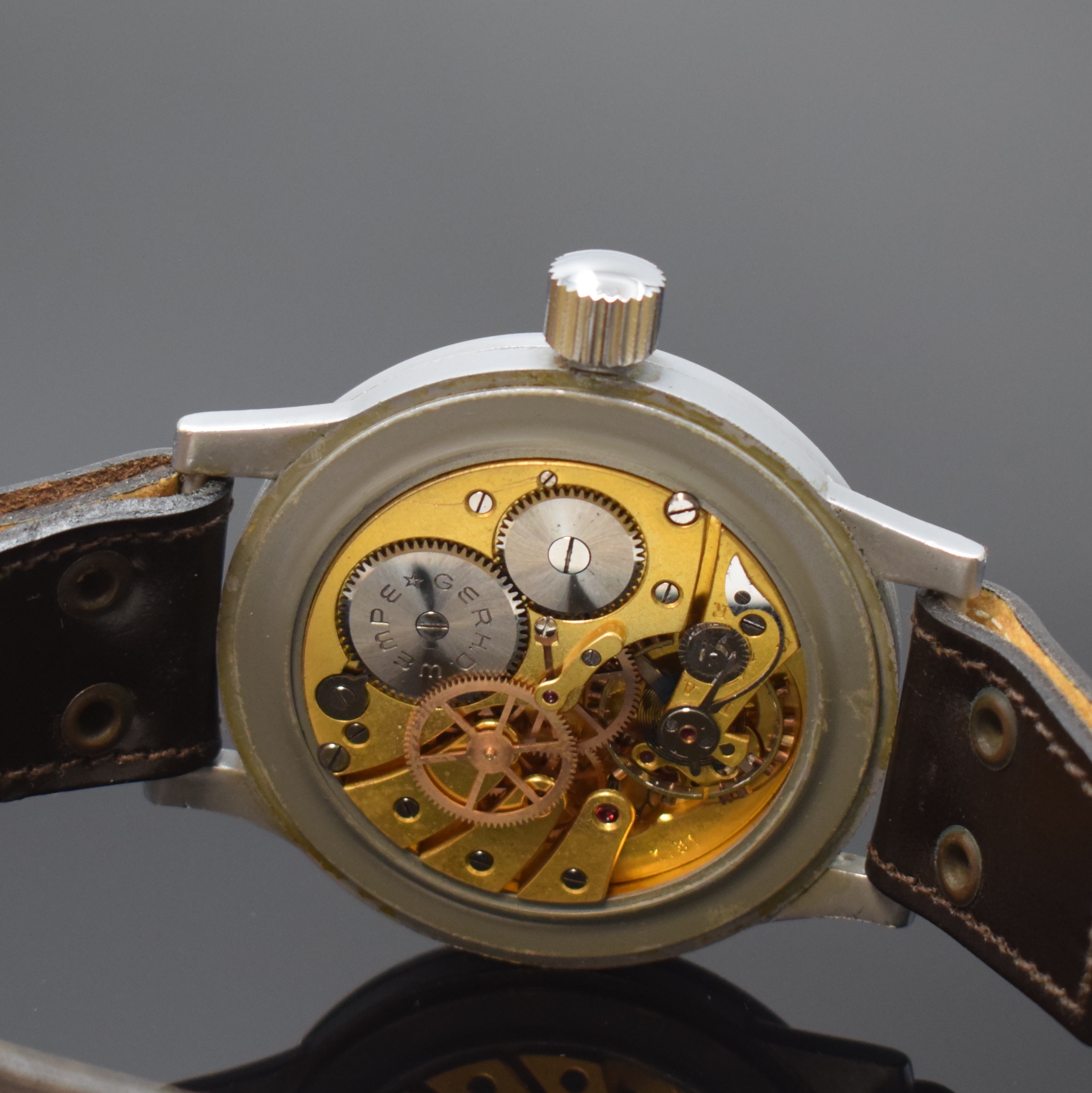 Detail e: THOMMEN / WEMPE Chronometer-Werke Hamburg Flieger B-Uhr FL 23883, Deutschland/Schweiz um 1940, grau lackiertes Metallgeh., Bauart: Thommen, ...