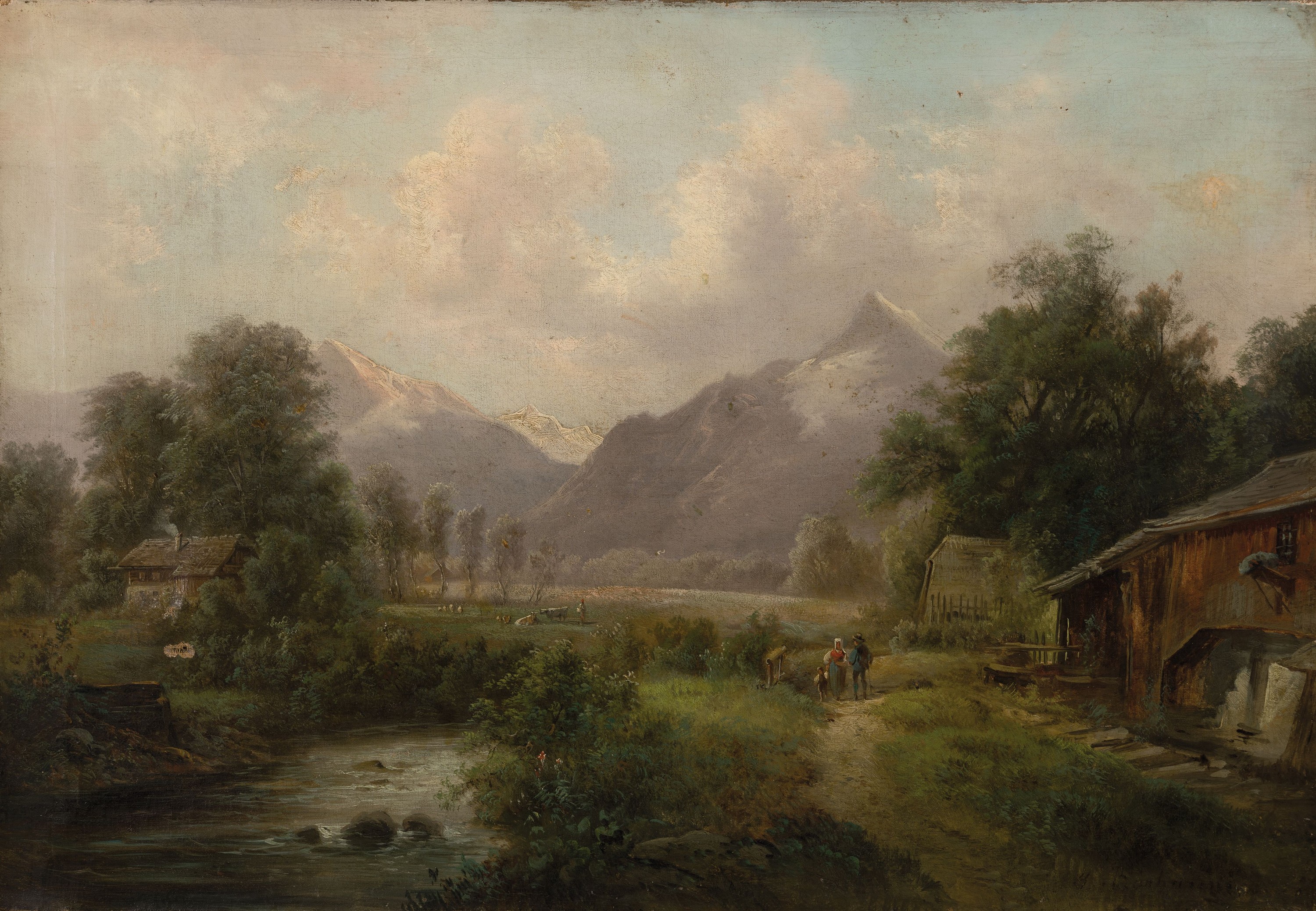Gustav Barberini, 1840 Wien-1909 Hinterbrühl bei Mödling, österreichische Vorgebirgslandschaft, wohl im Stubaithale in Tirol, Bauernhäuser an ...