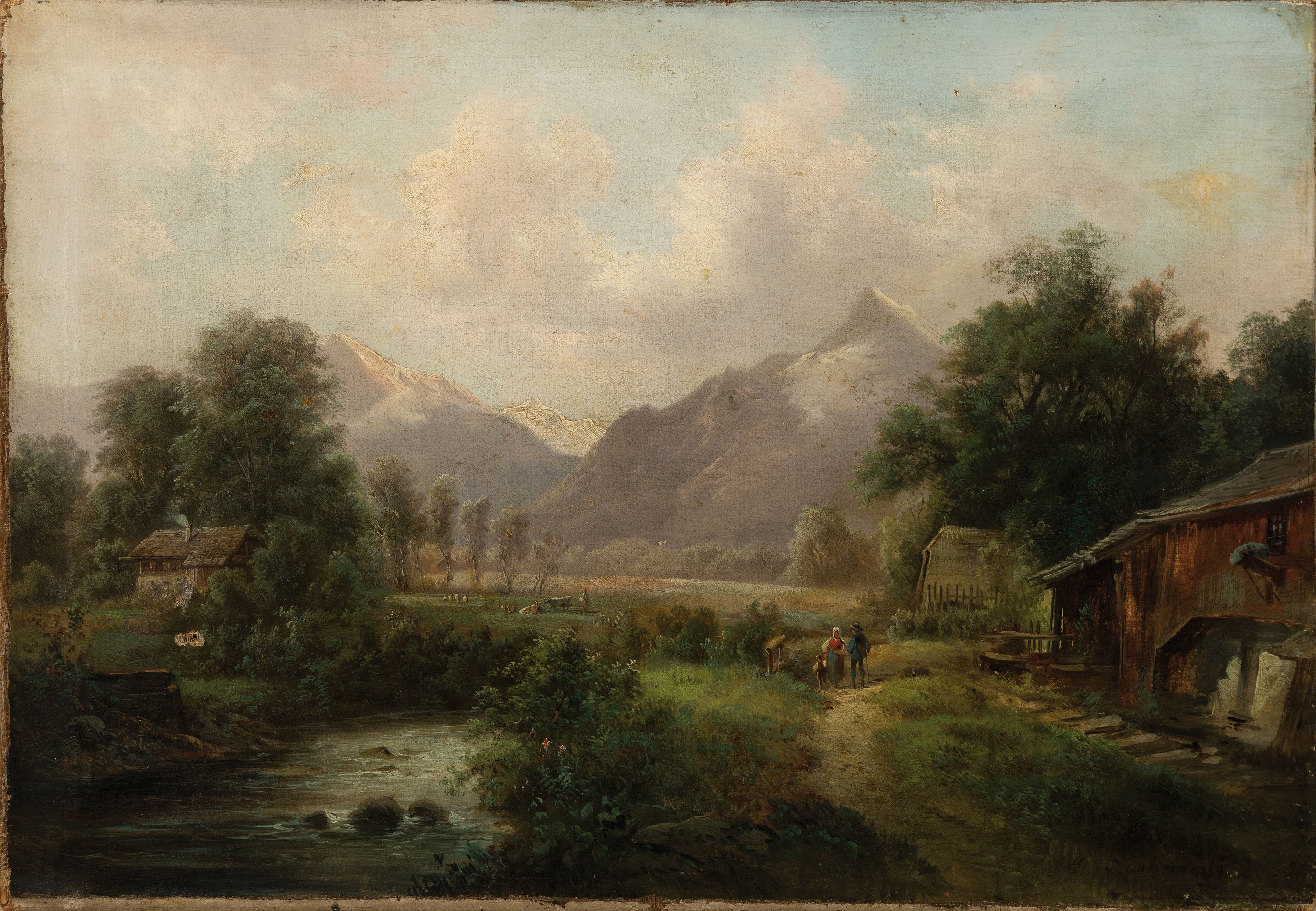 Detail k: Gustav Barberini, 1840 Wien-1909 Hinterbrühl bei Mödling, österreichische Vorgebirgslandschaft, wohl im Stubaithale in Tirol, Bauernhäuser an ...