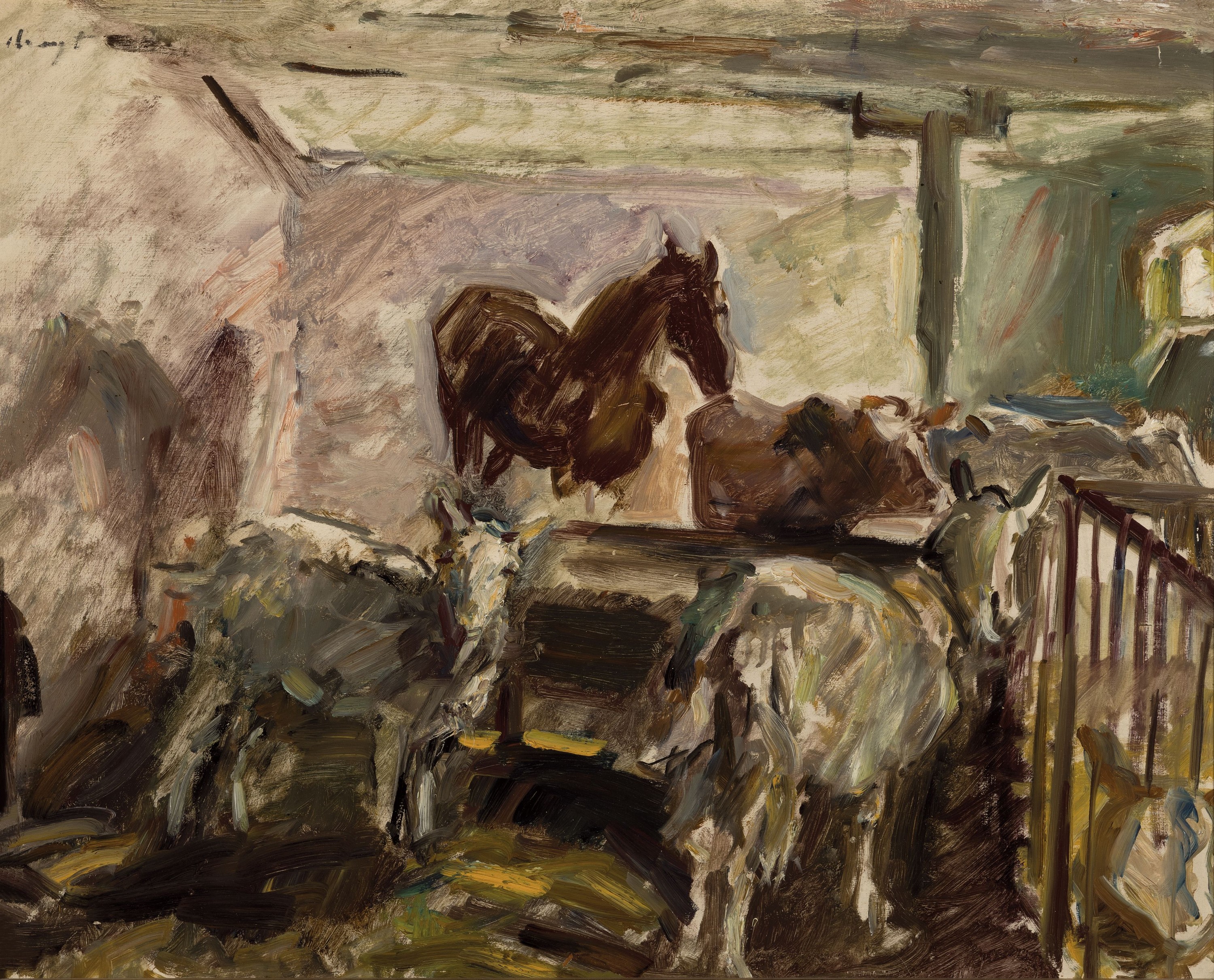 Max Slevogt, 1868 Landshut-1932 Leinsweiler, Blick in einen Stall mit Tieren, Öl/Holz, links oben signiert, ca. 53x66cm, R., wird lt. Frau Dr. ...
