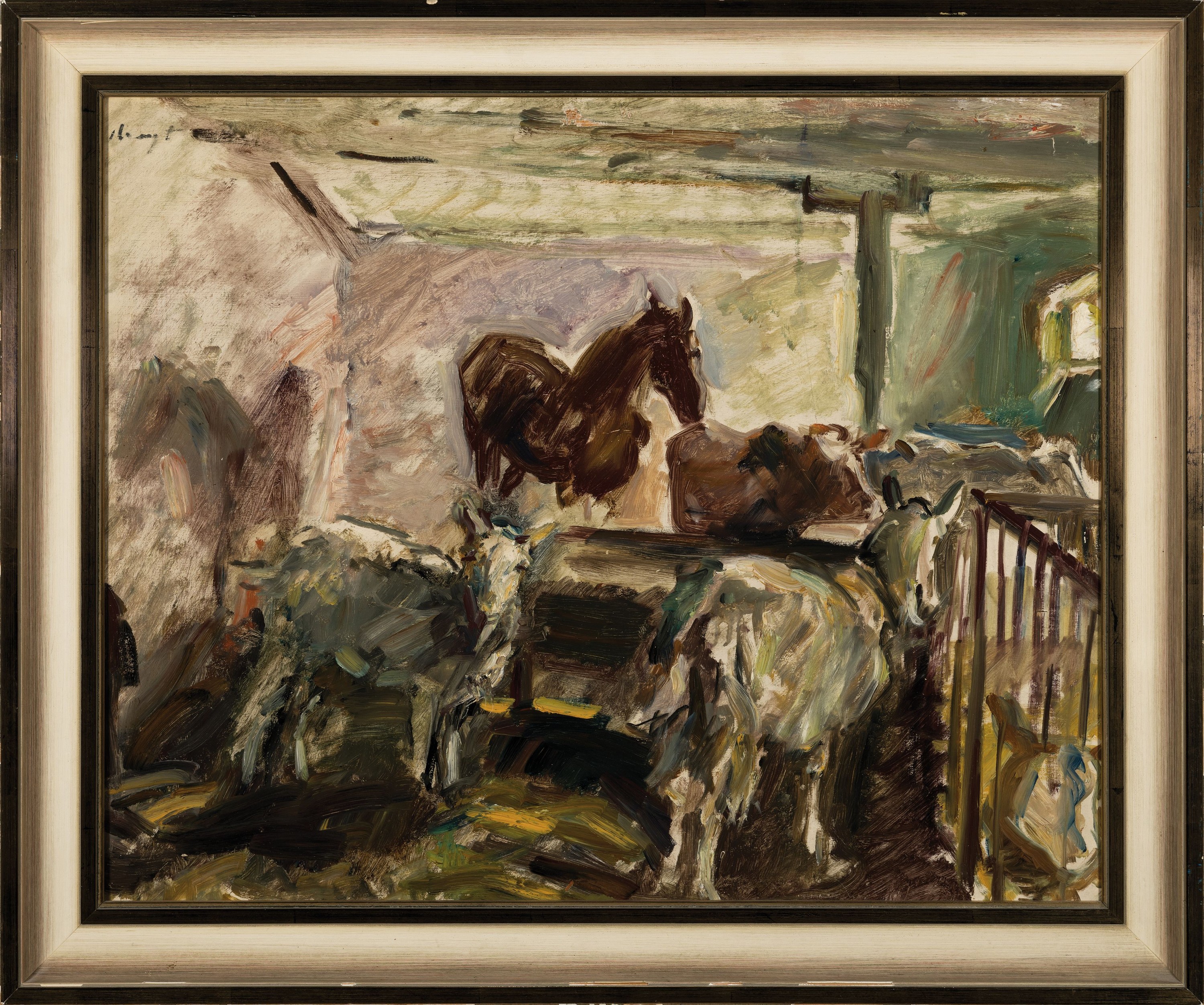 Detail k: Max Slevogt, 1868 Landshut-1932 Leinsweiler, Blick in einen Stall mit Tieren, Öl/Holz, links oben signiert, ca. 53x66cm, R., wird lt. Frau Dr. ...