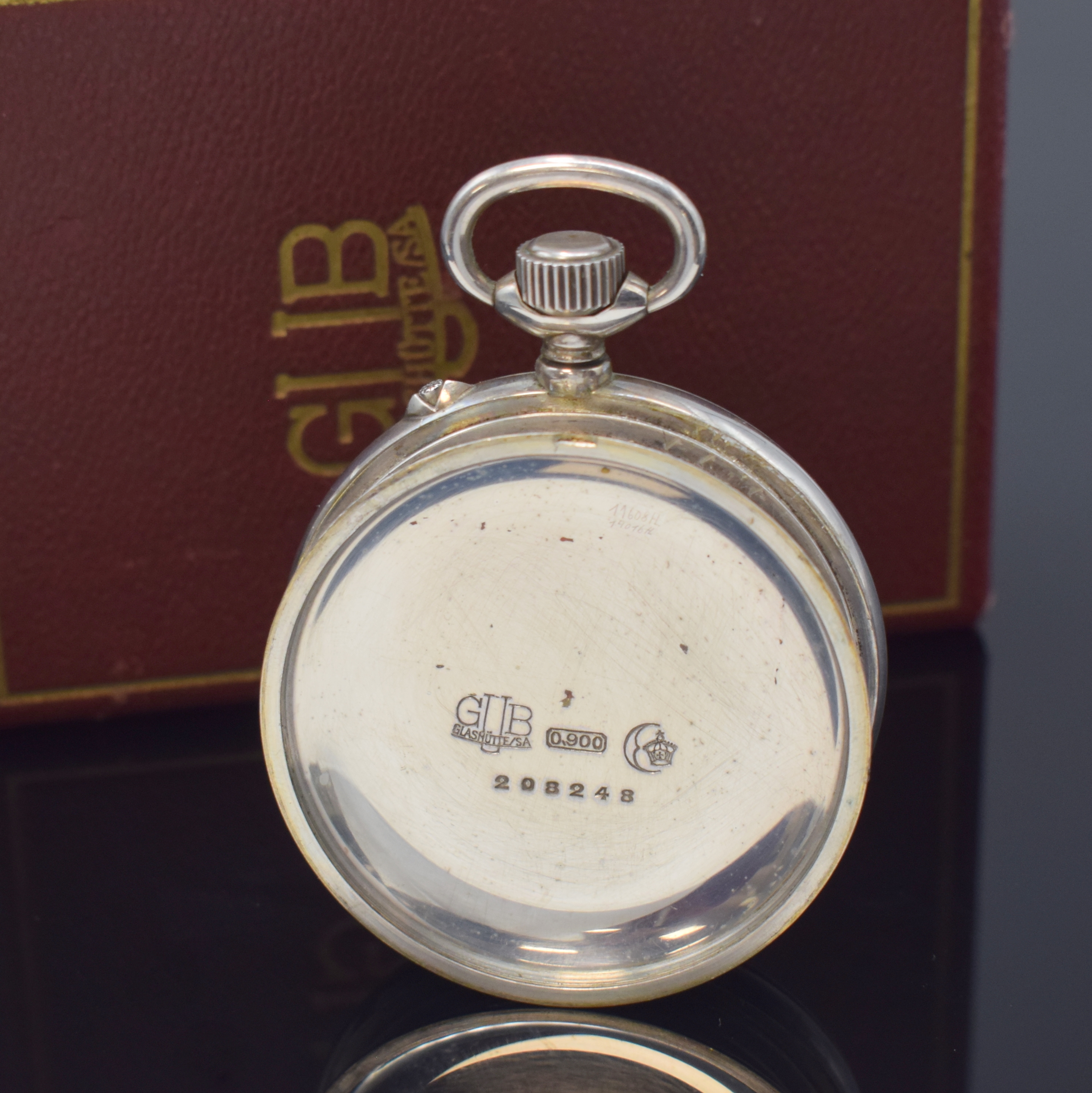 Detail d: GUB GLASHÜTTE/SA Beobachtungstaschenuhr in 900er Silber mit Auf- und Ab-Anzeige, Deutschland, Werk um 1945, Werk- und Geh.-Nr. 208248, vers. ...