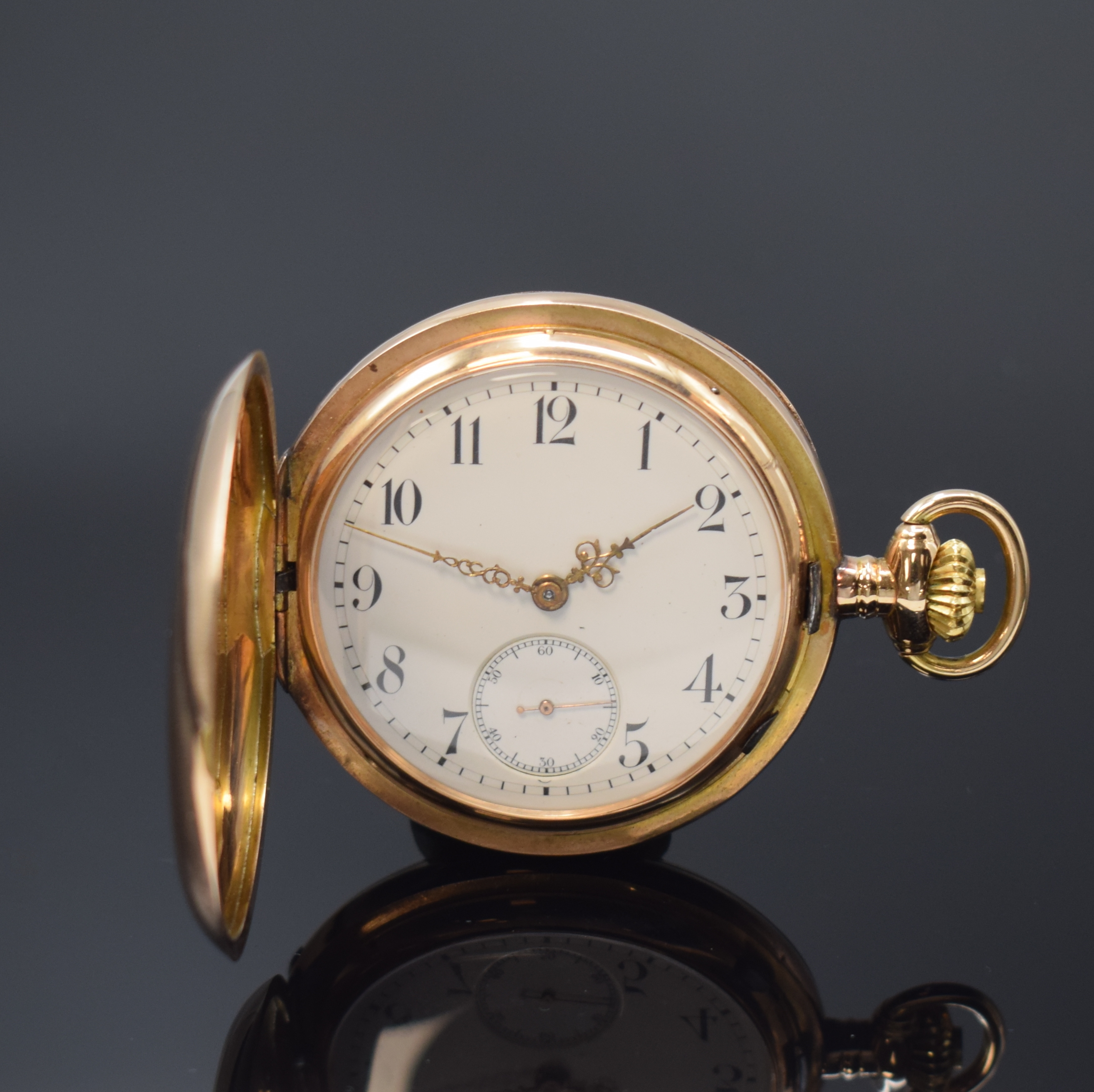 ALPINA Herrensavonette in RoseG 585/000, Schweiz um 1904, glattes 3-Deckel Goldgeh. dell., Sprungdeckel m. Monogramm, Cuvette m. Widmung, ...