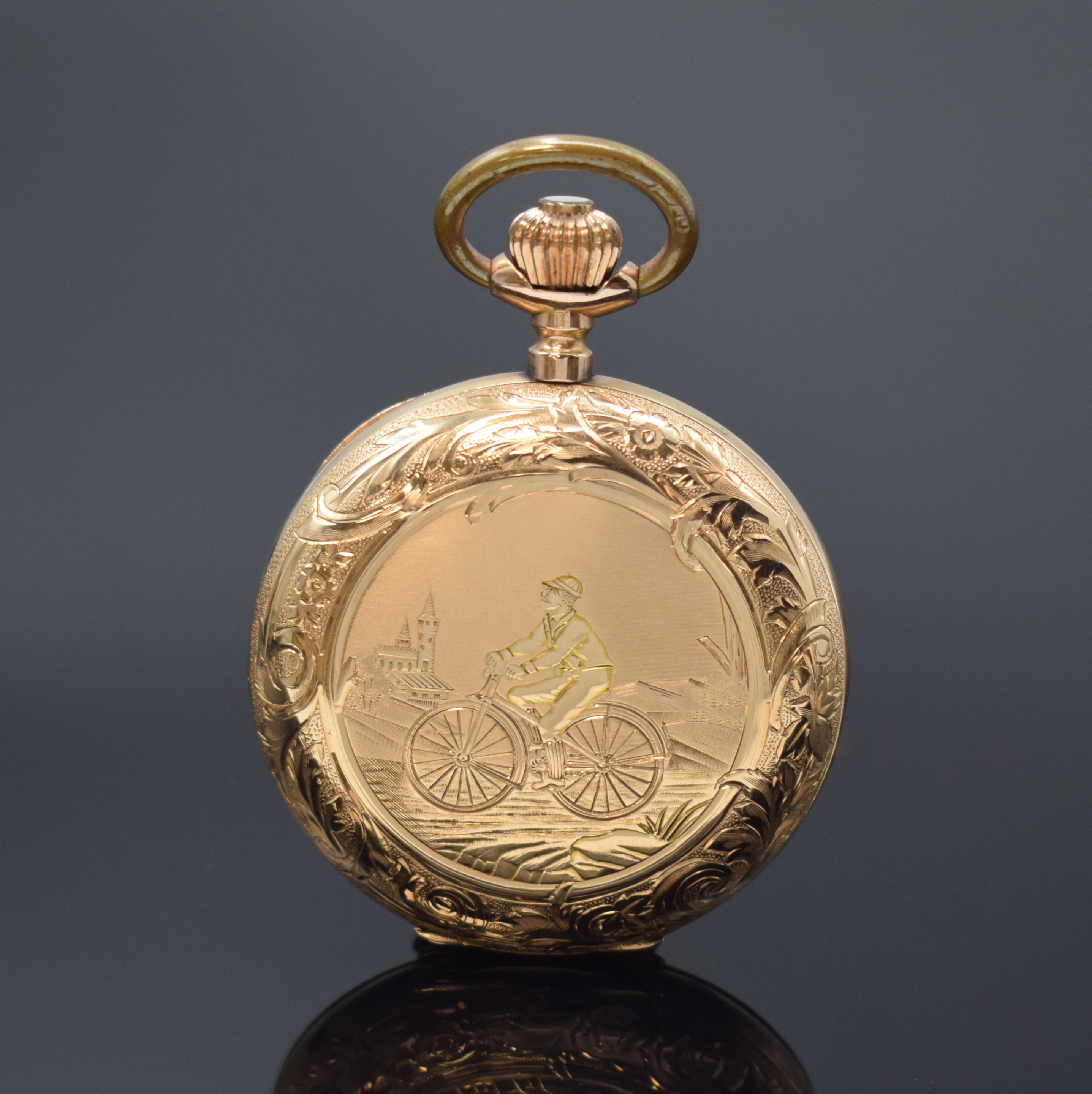 Detail b: SYSTEME GLASHÜTTE Herrensavonette in GG 585/000, floral grav. Geh. dell., Metallcuvette, grav. Sprung- u. Rückdeckel, Emailzifferbl. m. röm. ...