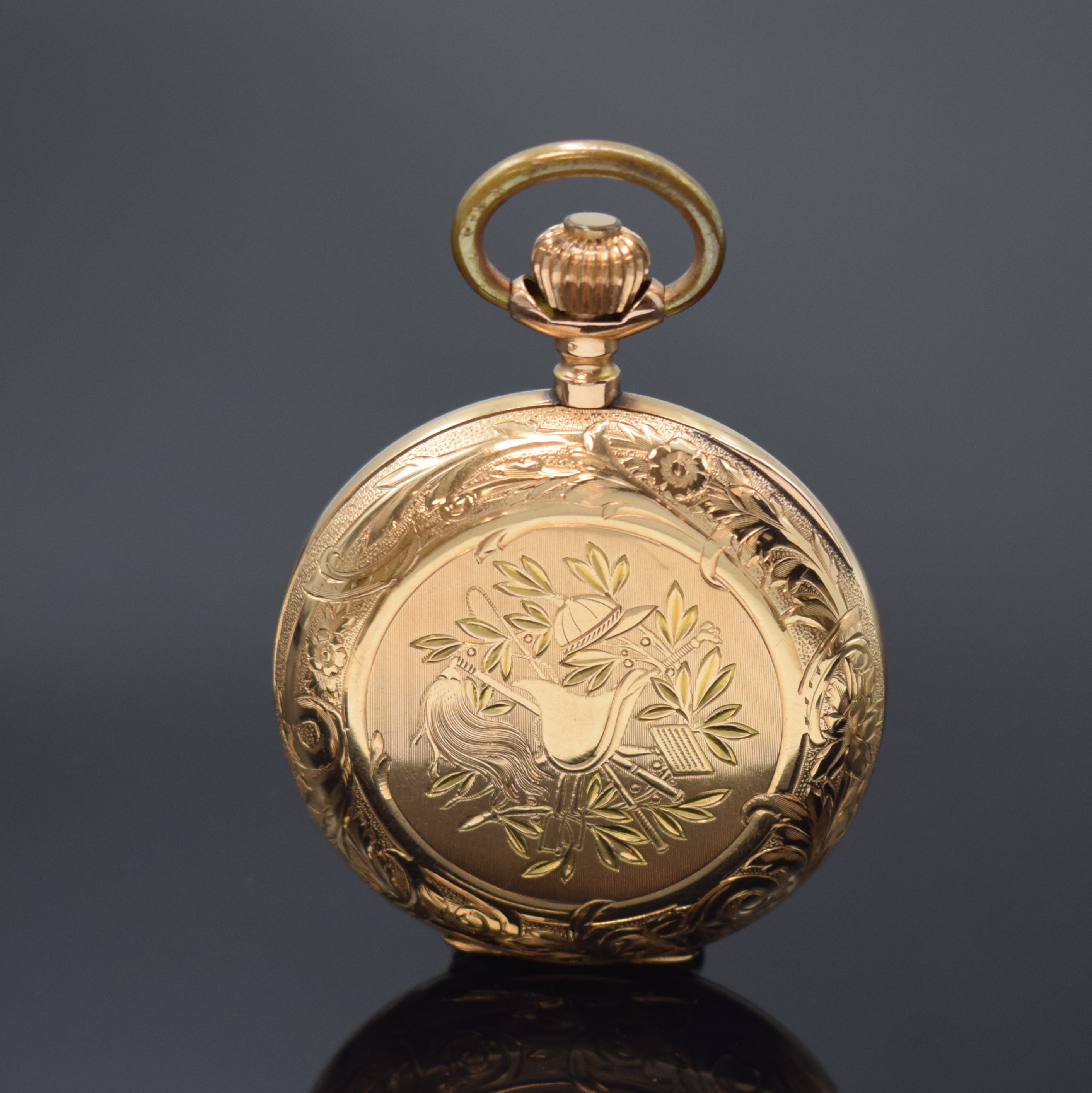 Detail c: SYSTEME GLASHÜTTE Herrensavonette in GG 585/000, floral grav. Geh. dell., Metallcuvette, grav. Sprung- u. Rückdeckel, Emailzifferbl. m. röm. ...